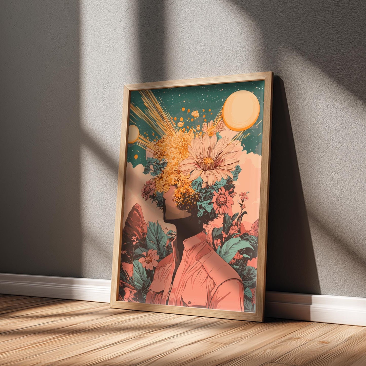 Galactic Bloom Poster – Retro-Futuristic Floral Surrealism Wall Art, Figure with Flowers Head, Twin Suns & Cosmic Pollen Print