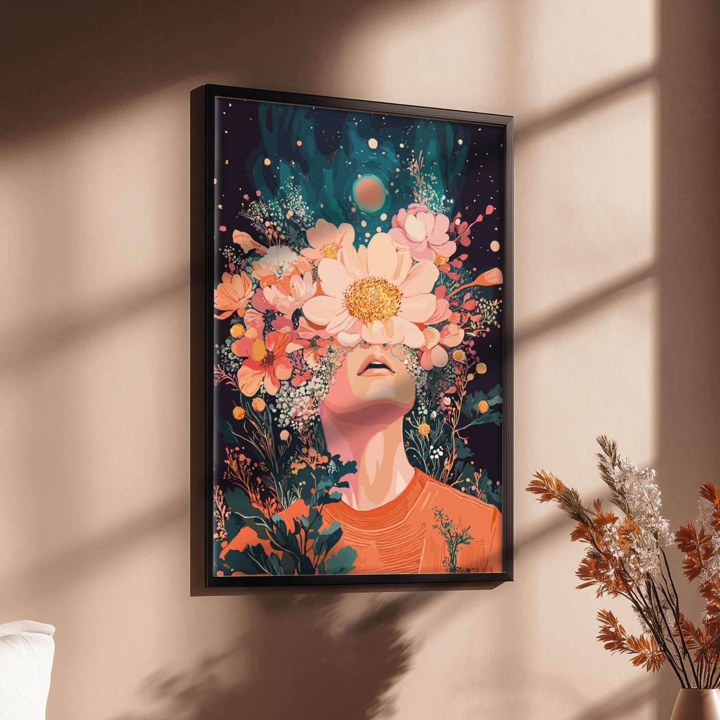 Floral Ascension Poster – Psychedelic Retro Botanical Wall Art, Surreal Figure Exhaling Golden Pollen, Twin Sun Cosmic Decor