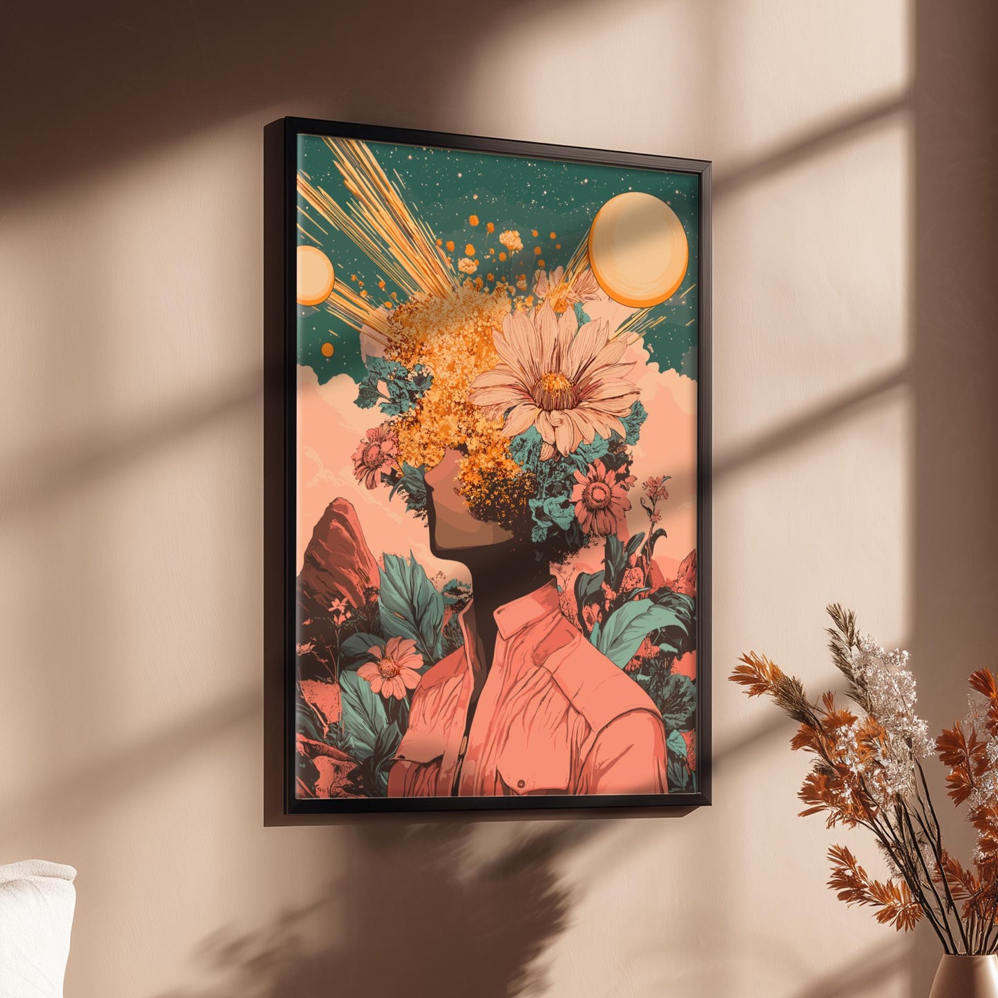 Galactic Bloom Poster – Retro-Futuristic Floral Surrealism Wall Art, Figure with Flowers Head, Twin Suns & Cosmic Pollen Print