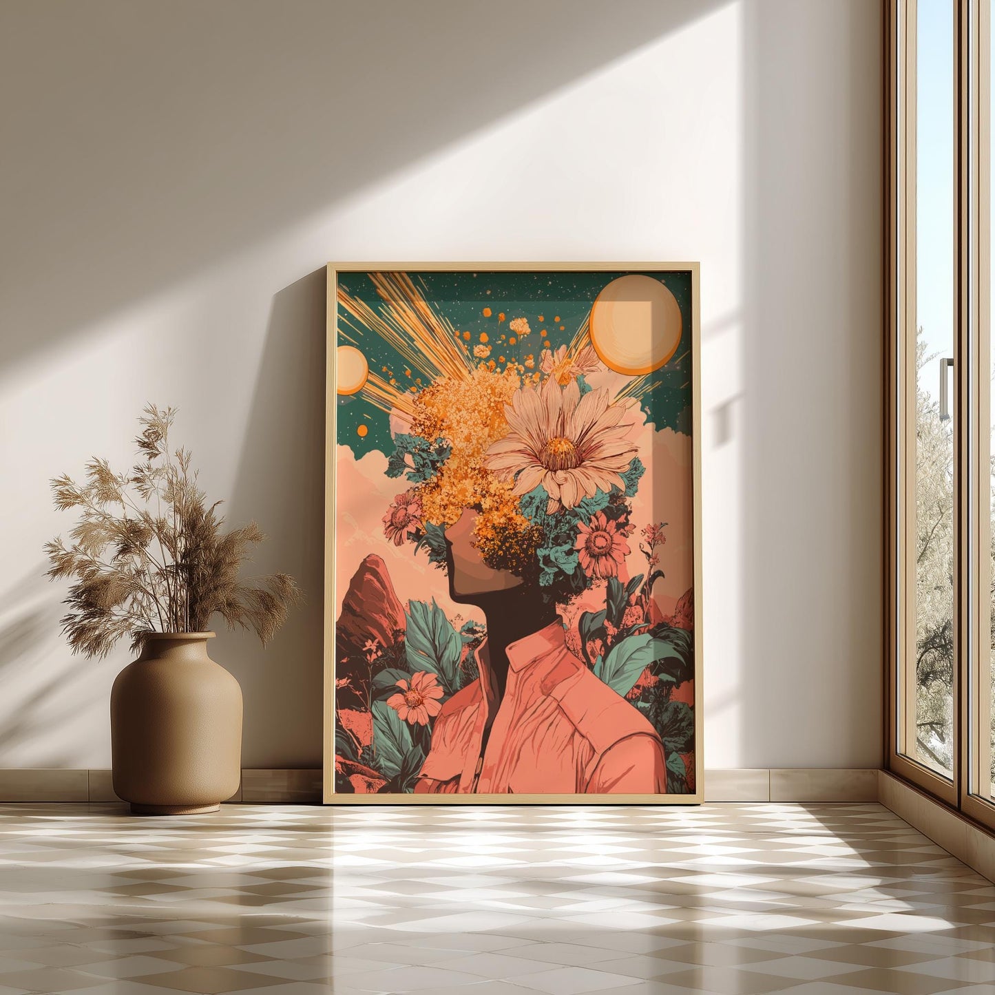 Galactic Bloom Poster – Retro-Futuristic Floral Surrealism Wall Art, Figure with Flowers Head, Twin Suns & Cosmic Pollen Print