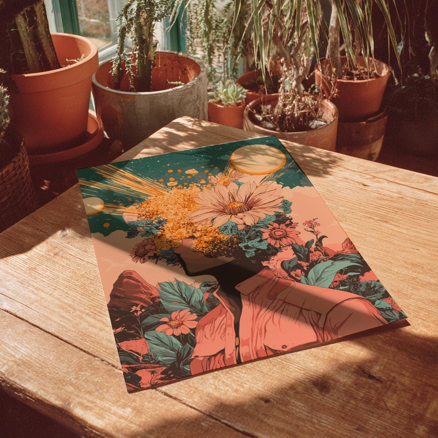 Galactic Bloom Poster – Retro-Futuristic Floral Surrealism Wall Art, Figure with Flowers Head, Twin Suns & Cosmic Pollen Print