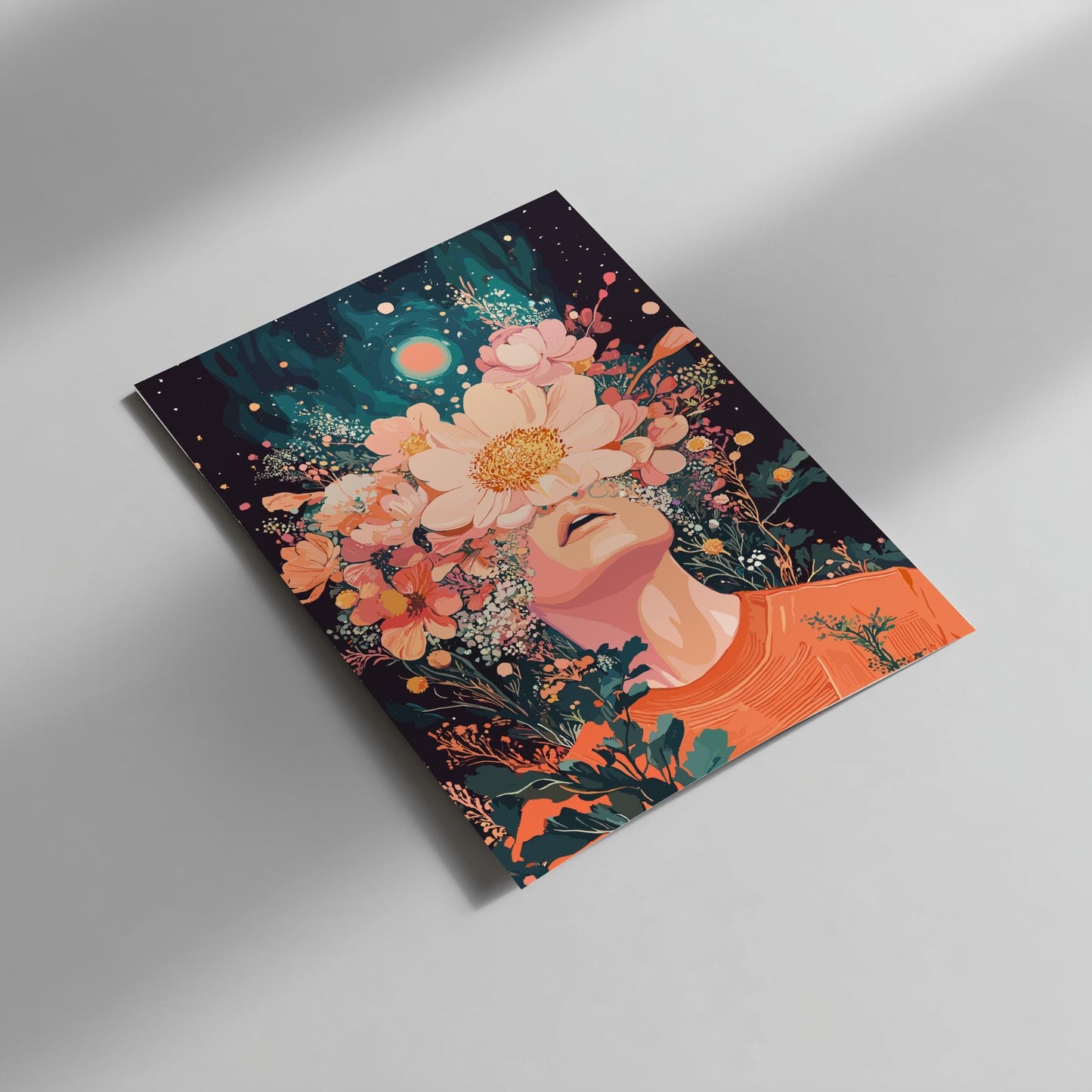 Floral Ascension Poster – Psychedelic Retro Botanical Wall Art, Surreal Figure Exhaling Golden Pollen, Twin Sun Cosmic Decor