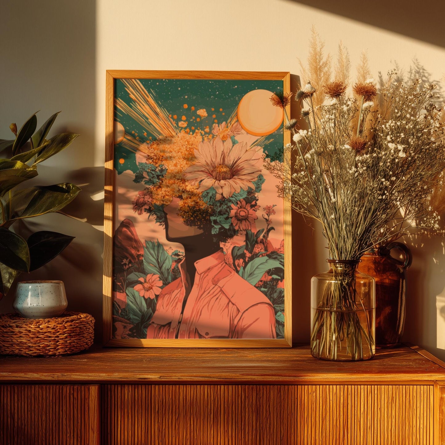 Galactic Bloom Poster – Retro-Futuristic Floral Surrealism Wall Art, Figure with Flowers Head, Twin Suns & Cosmic Pollen Print