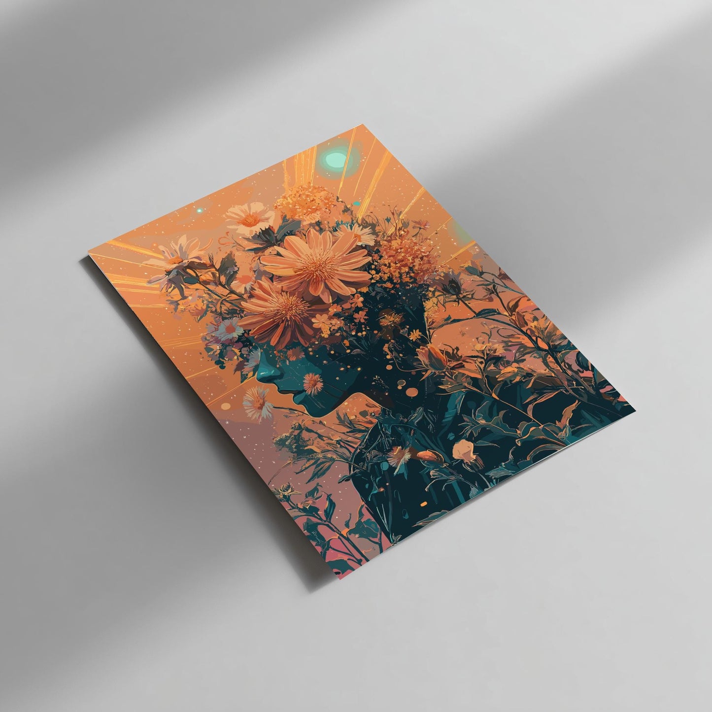 Cosmic Bloom Head Poster – Psychedelic Retro-Futuristic Wall Art, Surreal Human with Floral Head & Twin Suns, Funky Galactic Print