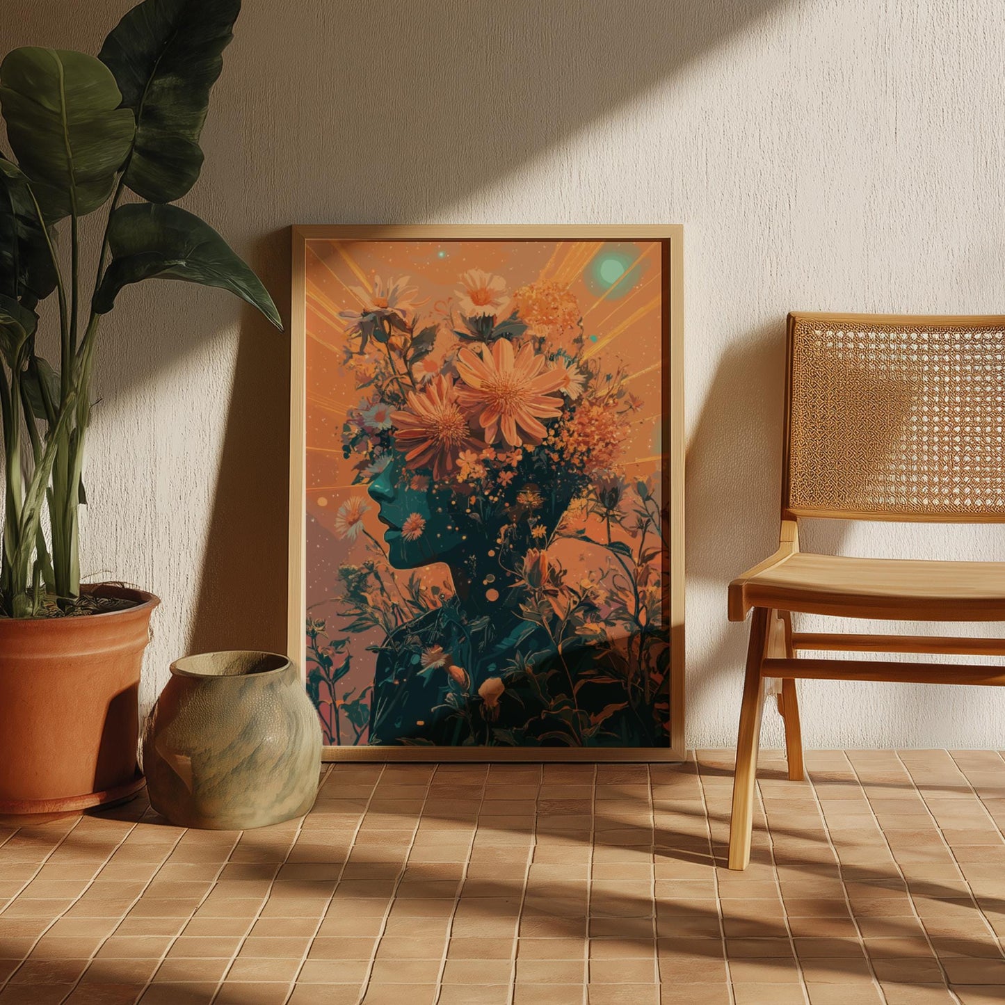Cosmic Bloom Head Poster – Psychedelic Retro-Futuristic Wall Art, Surreal Human with Floral Head & Twin Suns, Funky Galactic Print