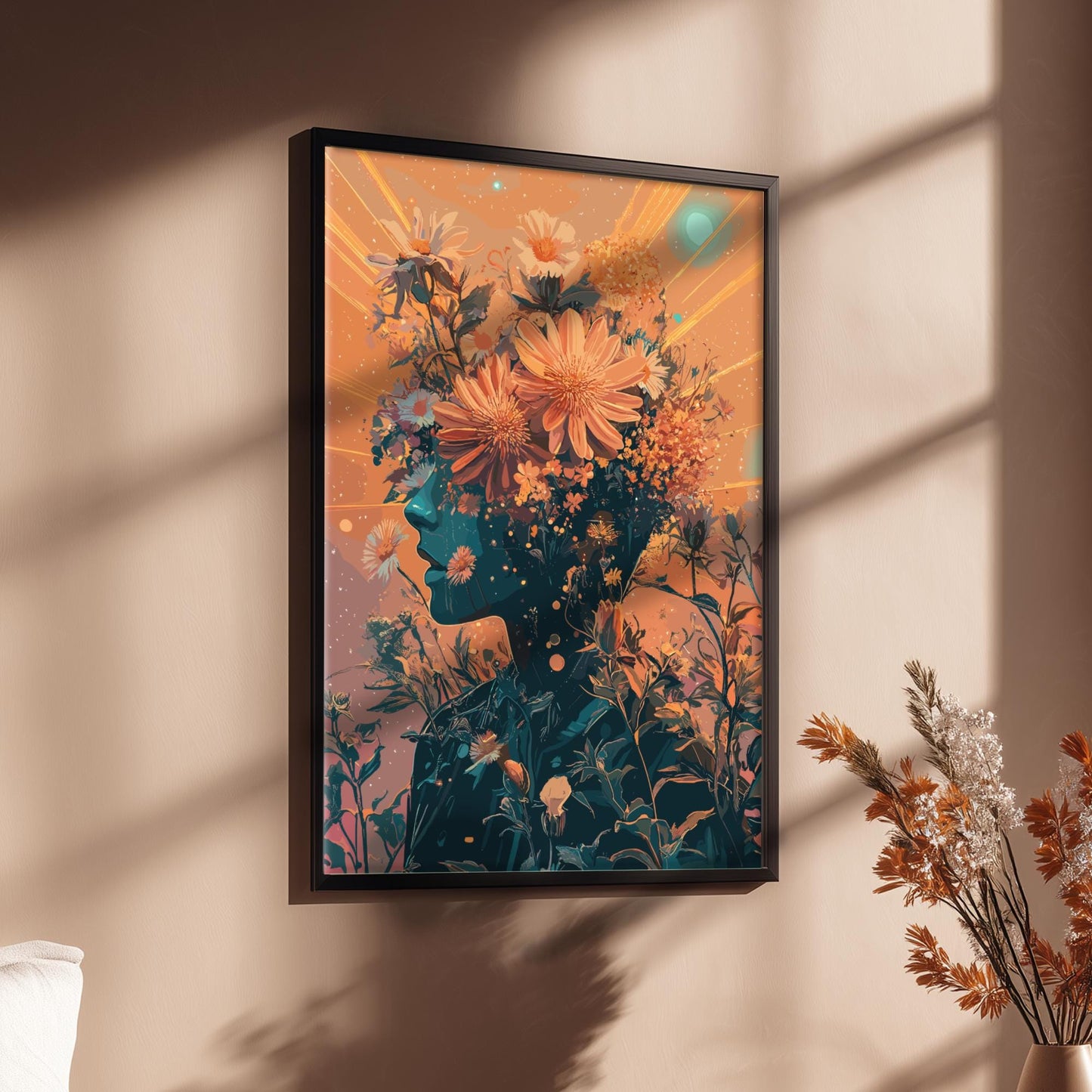 Cosmic Bloom Head Poster – Psychedelic Retro-Futuristic Wall Art, Surreal Human with Floral Head & Twin Suns, Funky Galactic Print