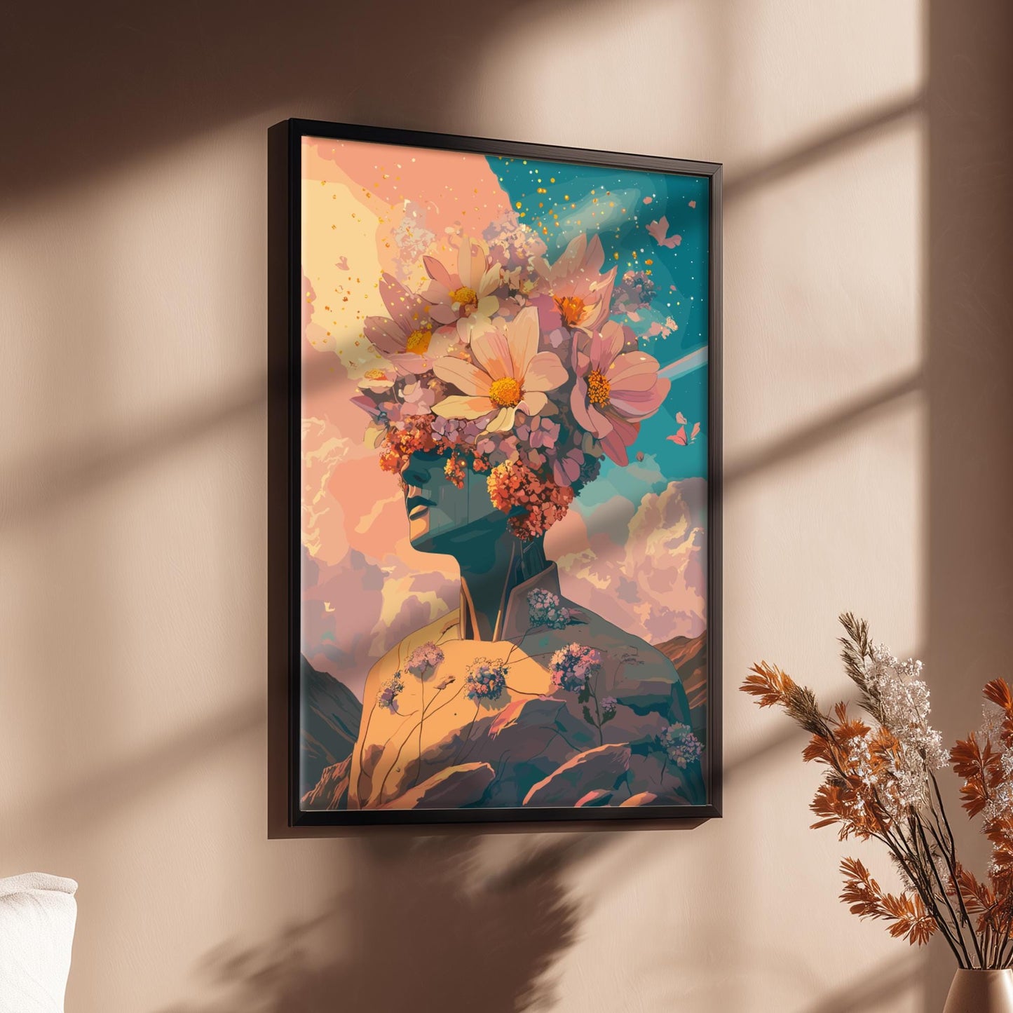 Twin Suns Botanical Poster – Retro Psychedelic Garden Wall Art, Flower-Head Figure Exhaling Golden Light, Surreal Galaxy Decor