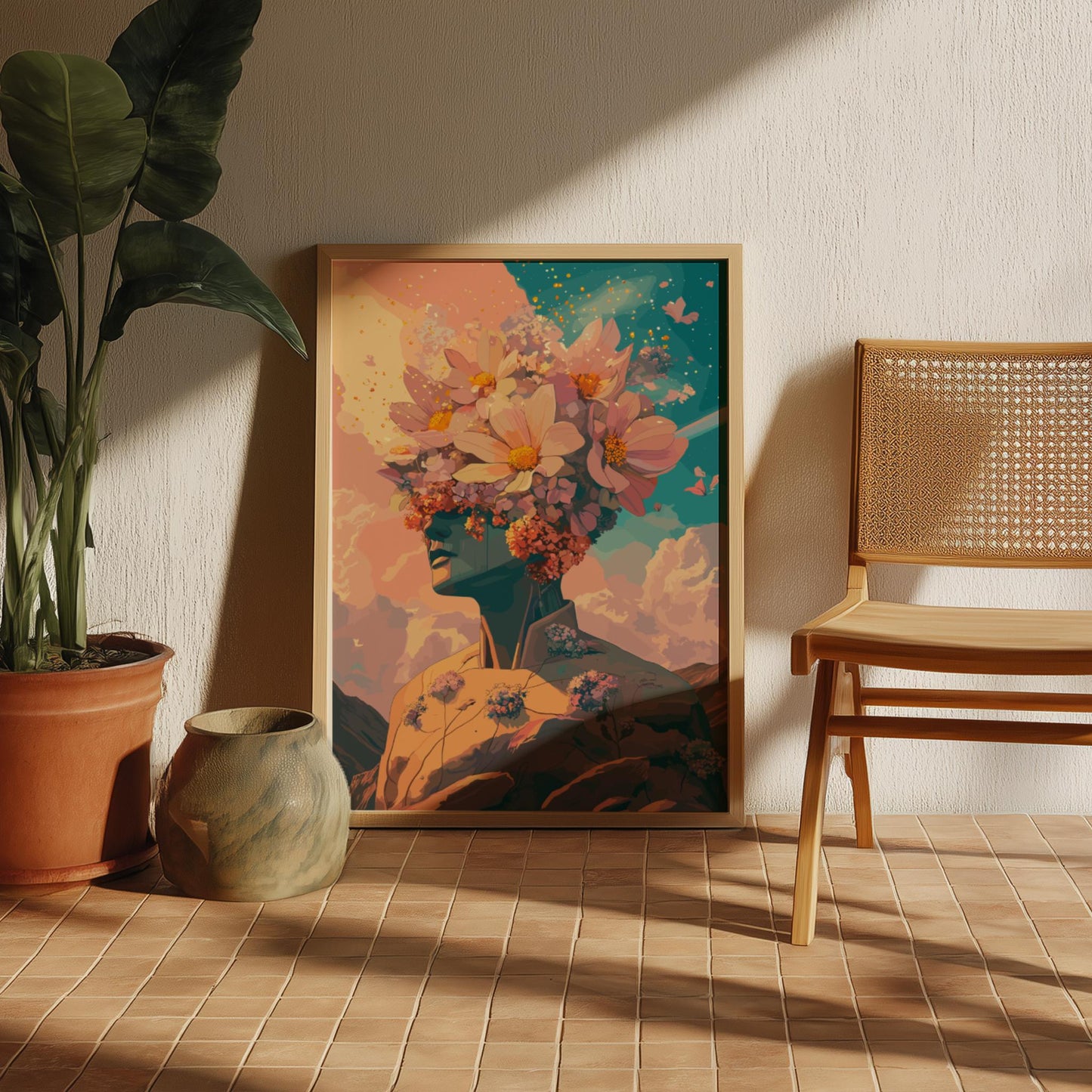 Twin Suns Botanical Poster – Retro Psychedelic Garden Wall Art, Flower-Head Figure Exhaling Golden Light, Surreal Galaxy Decor