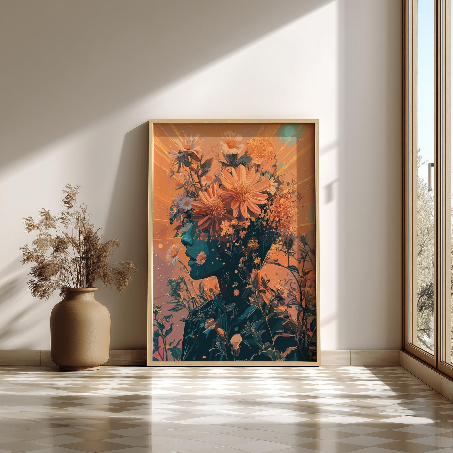 Cosmic Bloom Head Poster – Psychedelic Retro-Futuristic Wall Art, Surreal Human with Floral Head & Twin Suns, Funky Galactic Print
