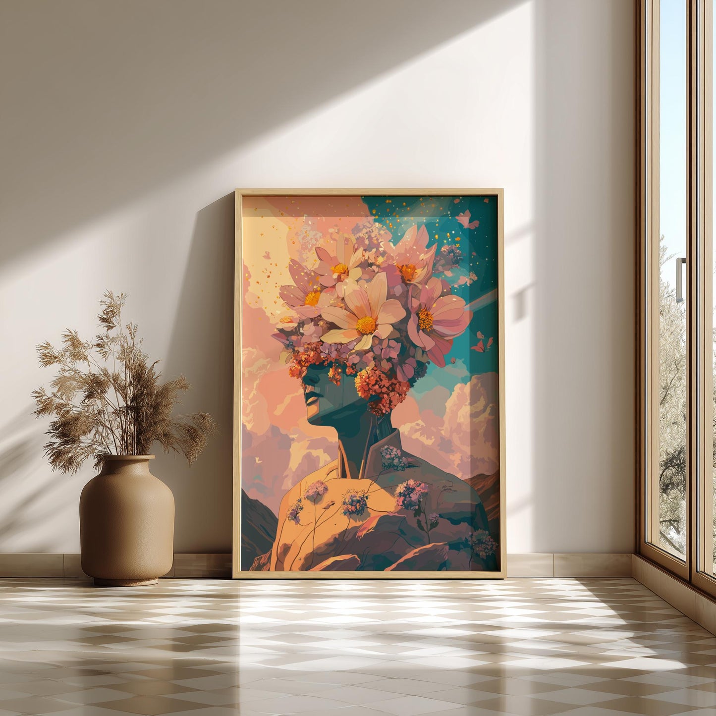 Twin Suns Botanical Poster – Retro Psychedelic Garden Wall Art, Flower-Head Figure Exhaling Golden Light, Surreal Galaxy Decor
