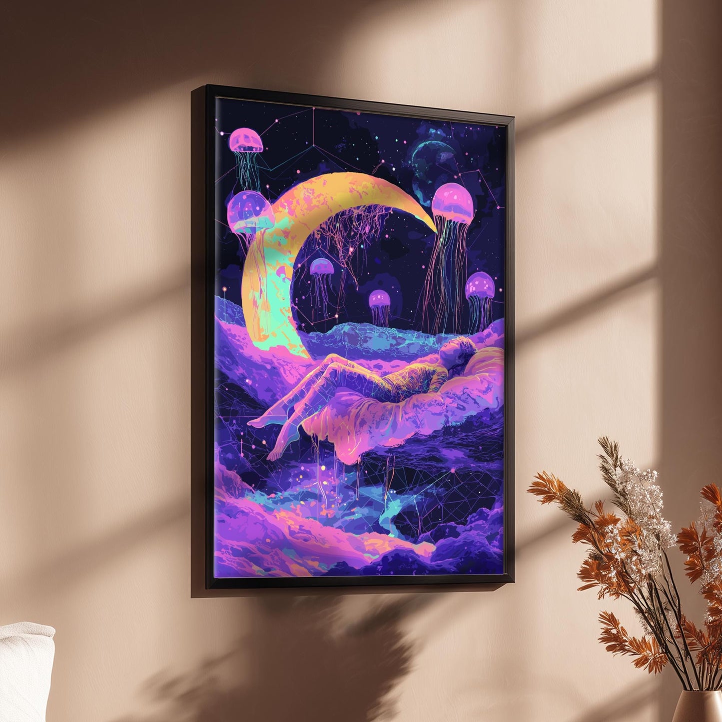Cosmic Dreams Poster – Surreal Levitating Figure Under Crescent Moon, Geometric Dream Shapes & Floating Jellyfish Wall Art