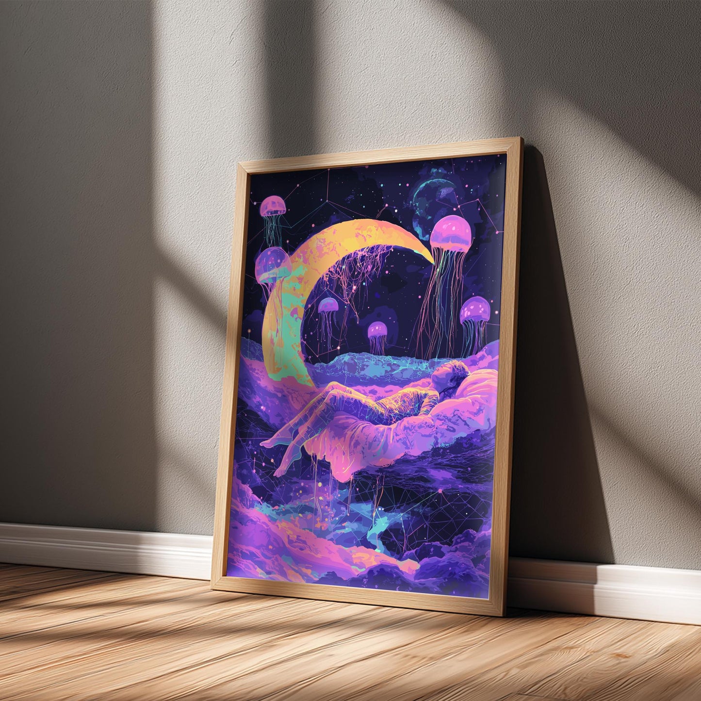 Cosmic Dreams Poster – Surreal Levitating Figure Under Crescent Moon, Geometric Dream Shapes & Floating Jellyfish Wall Art