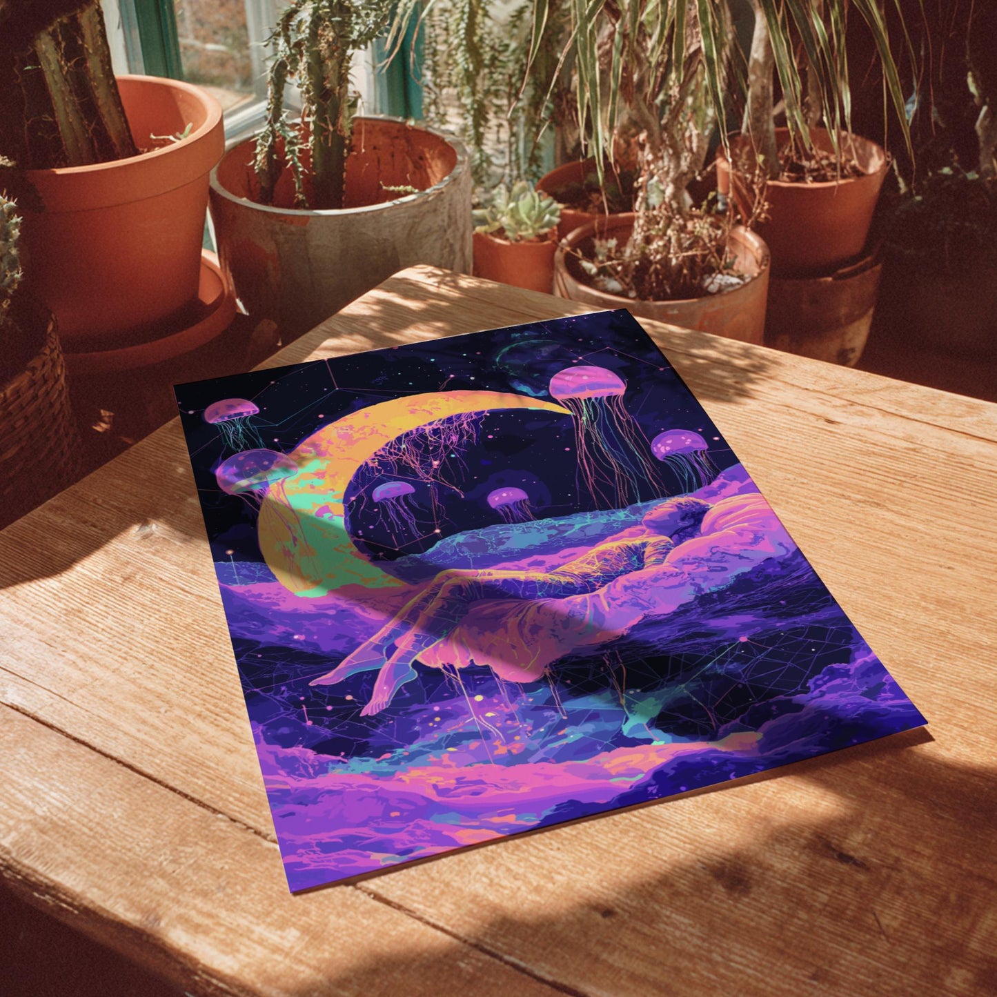 Cosmic Dreams Poster – Surreal Levitating Figure Under Crescent Moon, Geometric Dream Shapes & Floating Jellyfish Wall Art