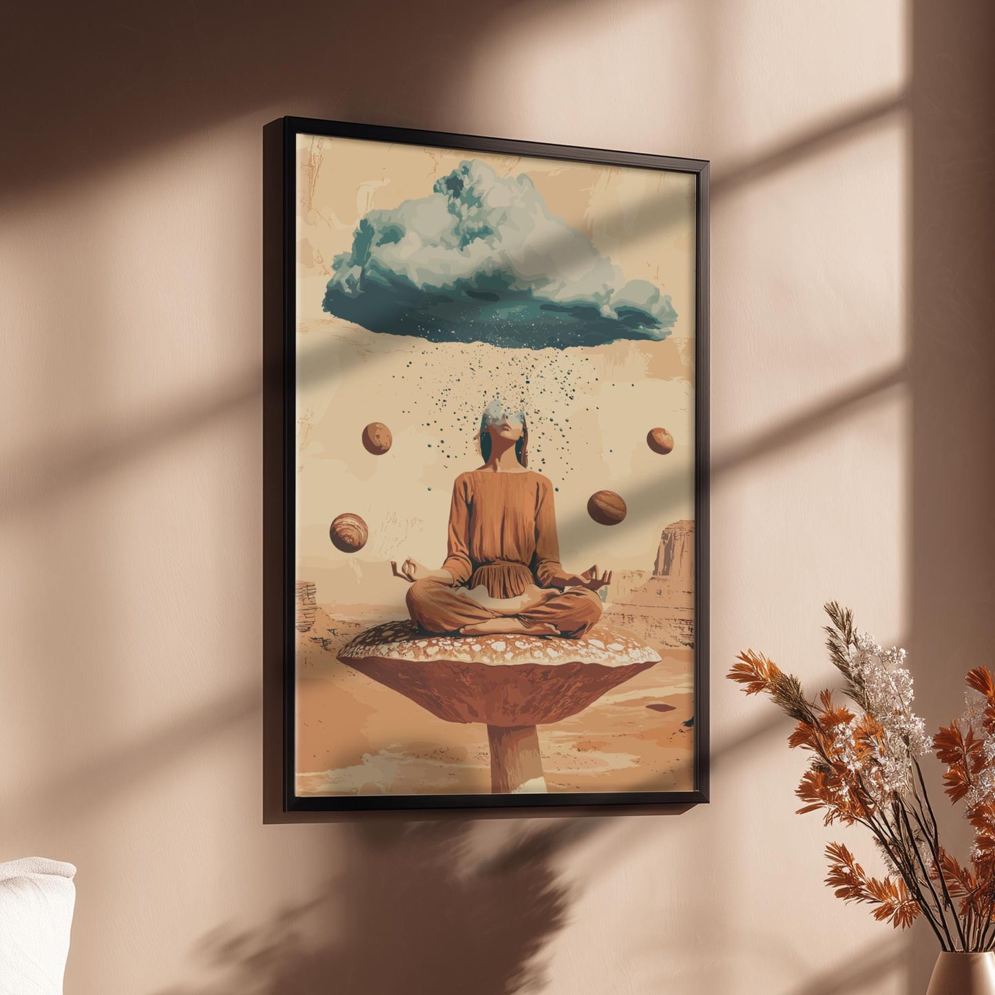 Head in the Clouds Poster – Surreal Woman on Floating Mushroom, Storm Cloud Head Raining Planets, Trippy Desert Wall Art