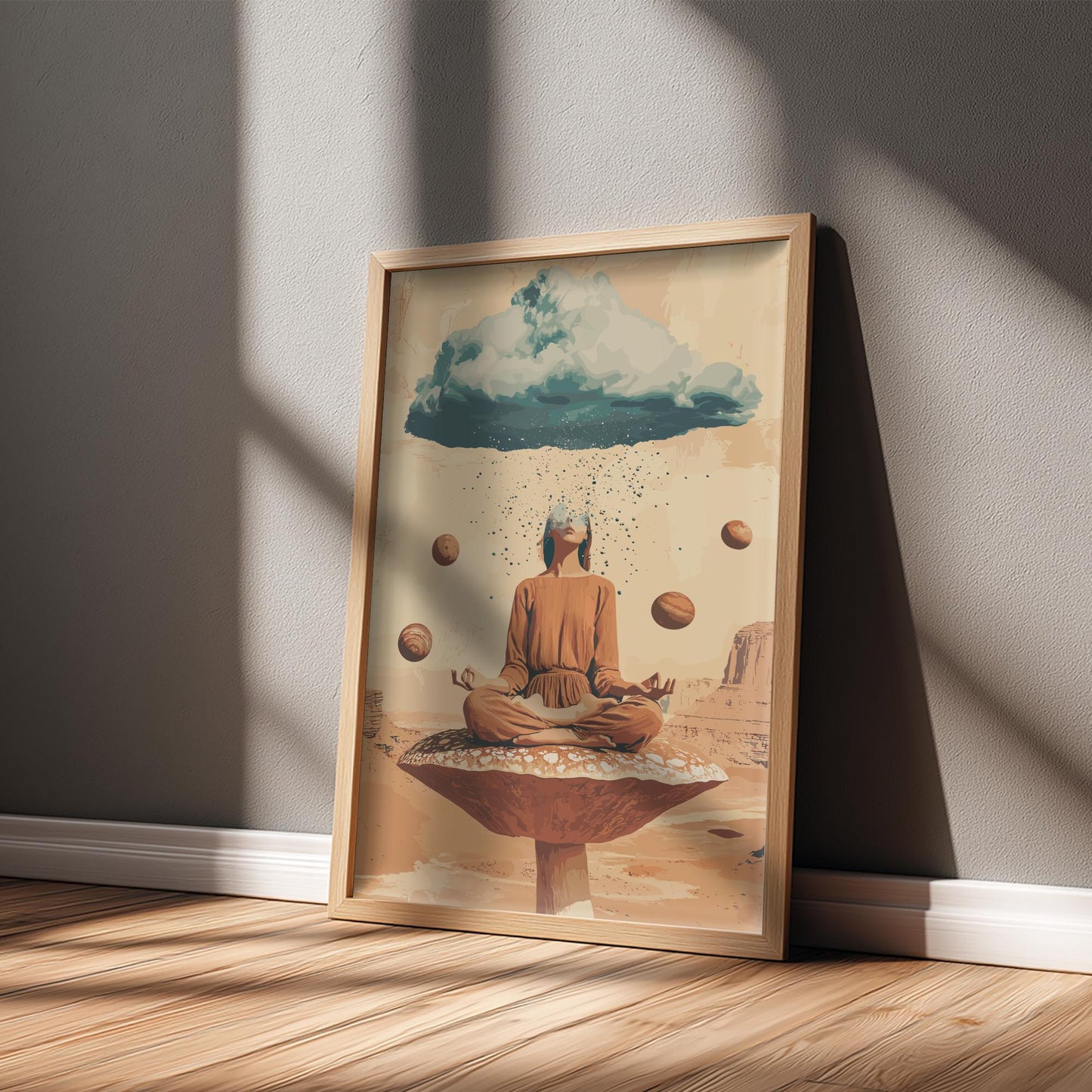 Head in the Clouds Poster – Surreal Woman on Floating Mushroom, Storm Cloud Head Raining Planets, Trippy Desert Wall Art
