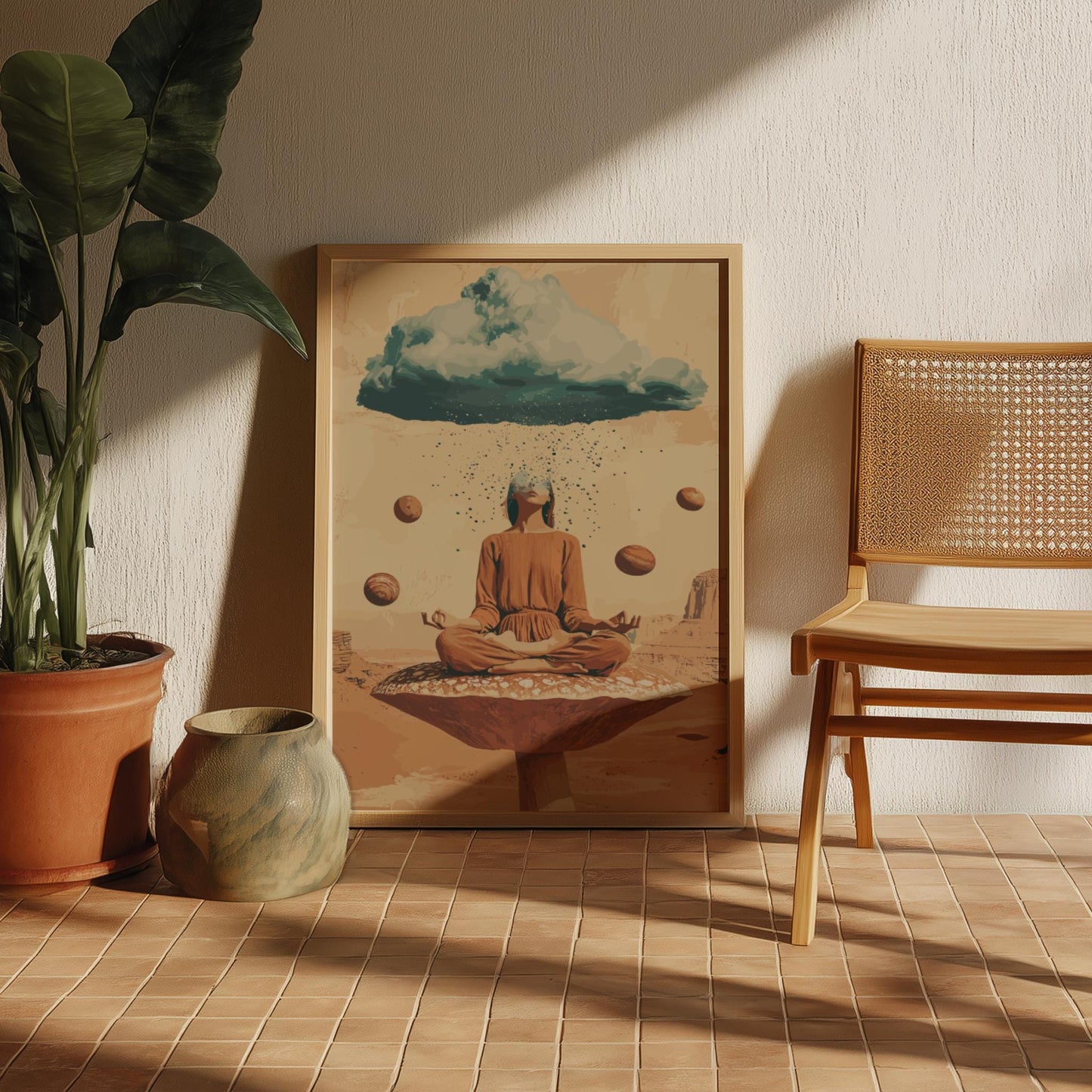 Head in the Clouds Poster – Surreal Woman on Floating Mushroom, Storm Cloud Head Raining Planets, Trippy Desert Wall Art