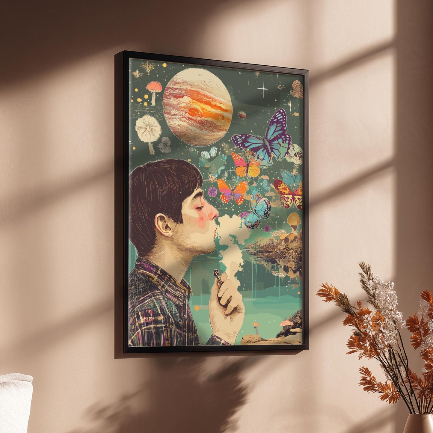 Smoke Signals Poster – Surreal Figure Exhaling Smoke Butterflies, Alien Lake with Mushrooms & Rising Planet Wall Art