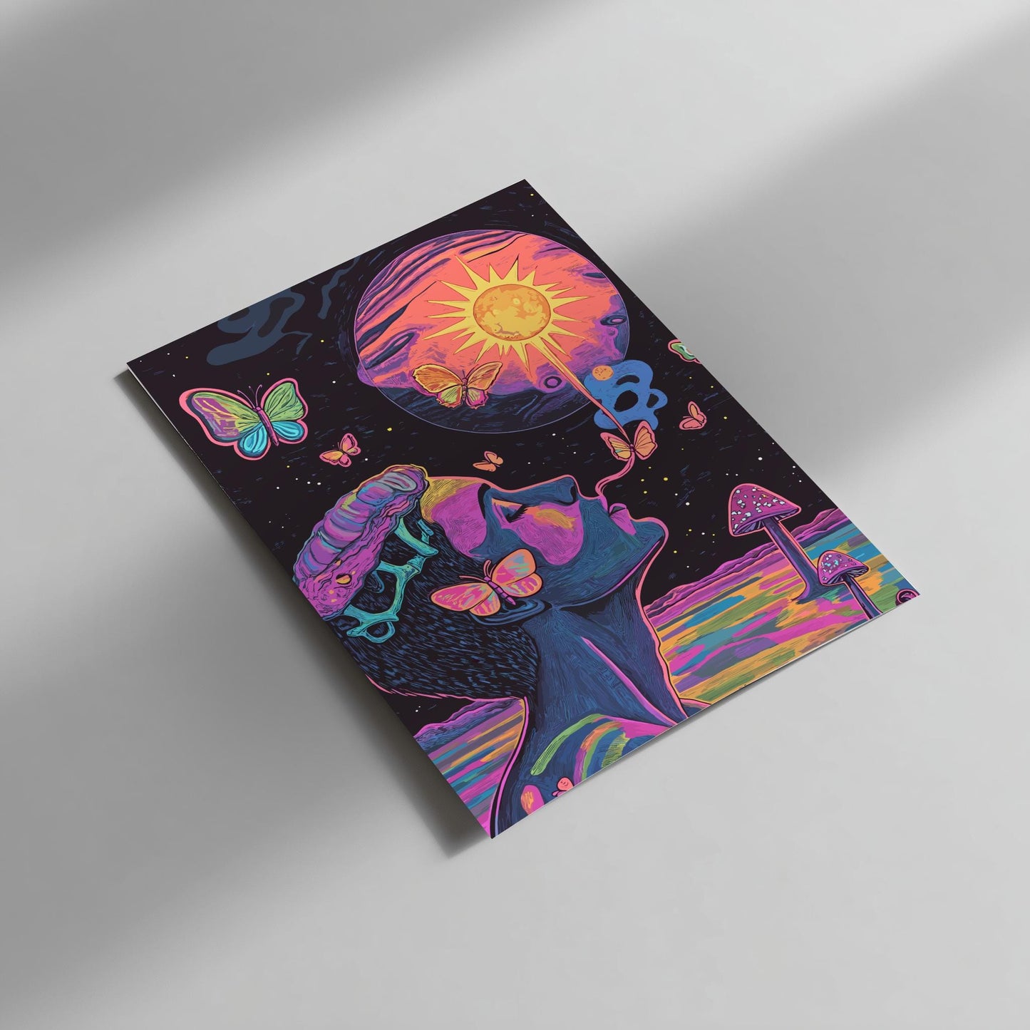Smoke Signals Wall Art – Psychedelic Surreal Poster with Butterfly Smoke, Alien Planet Sunrise, and Glass Mushrooms Reflection