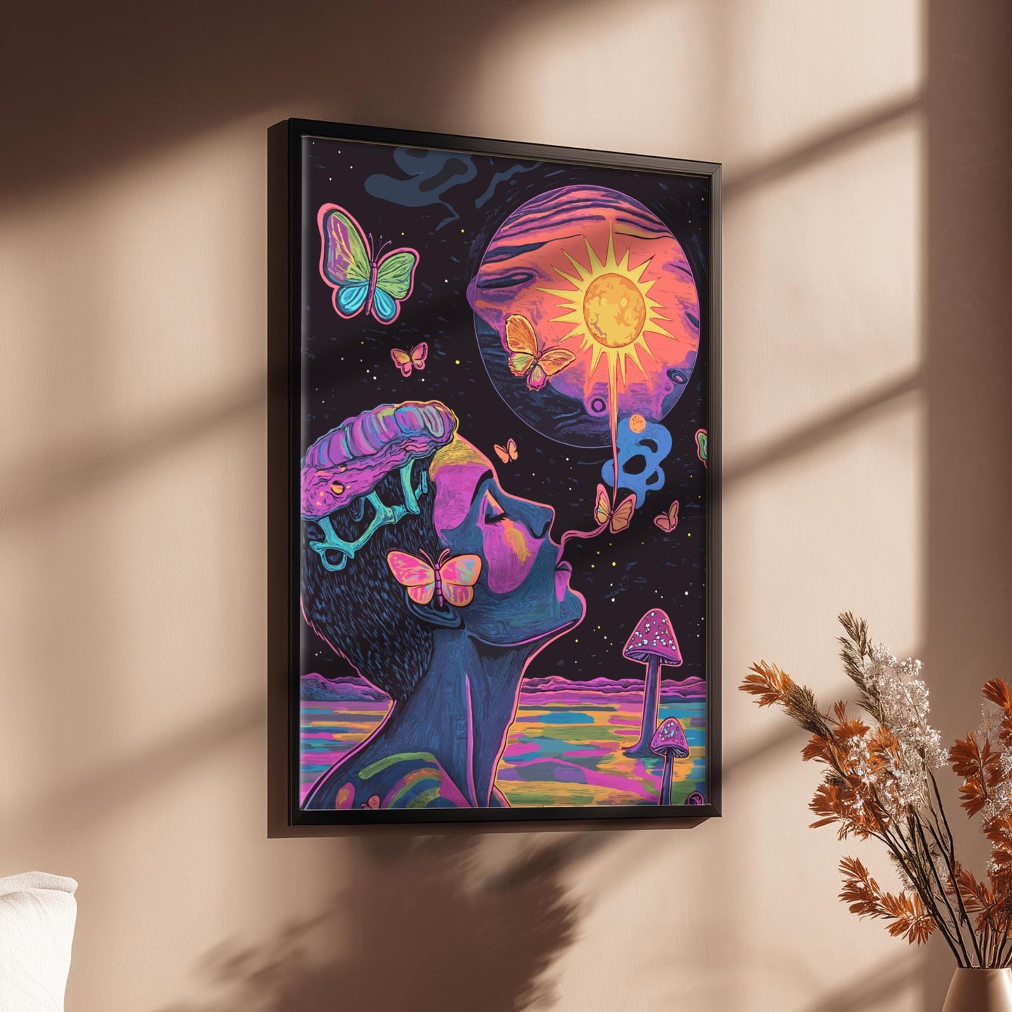 Smoke Signals Wall Art – Psychedelic Surreal Poster with Butterfly Smoke, Alien Planet Sunrise, and Glass Mushrooms Reflection