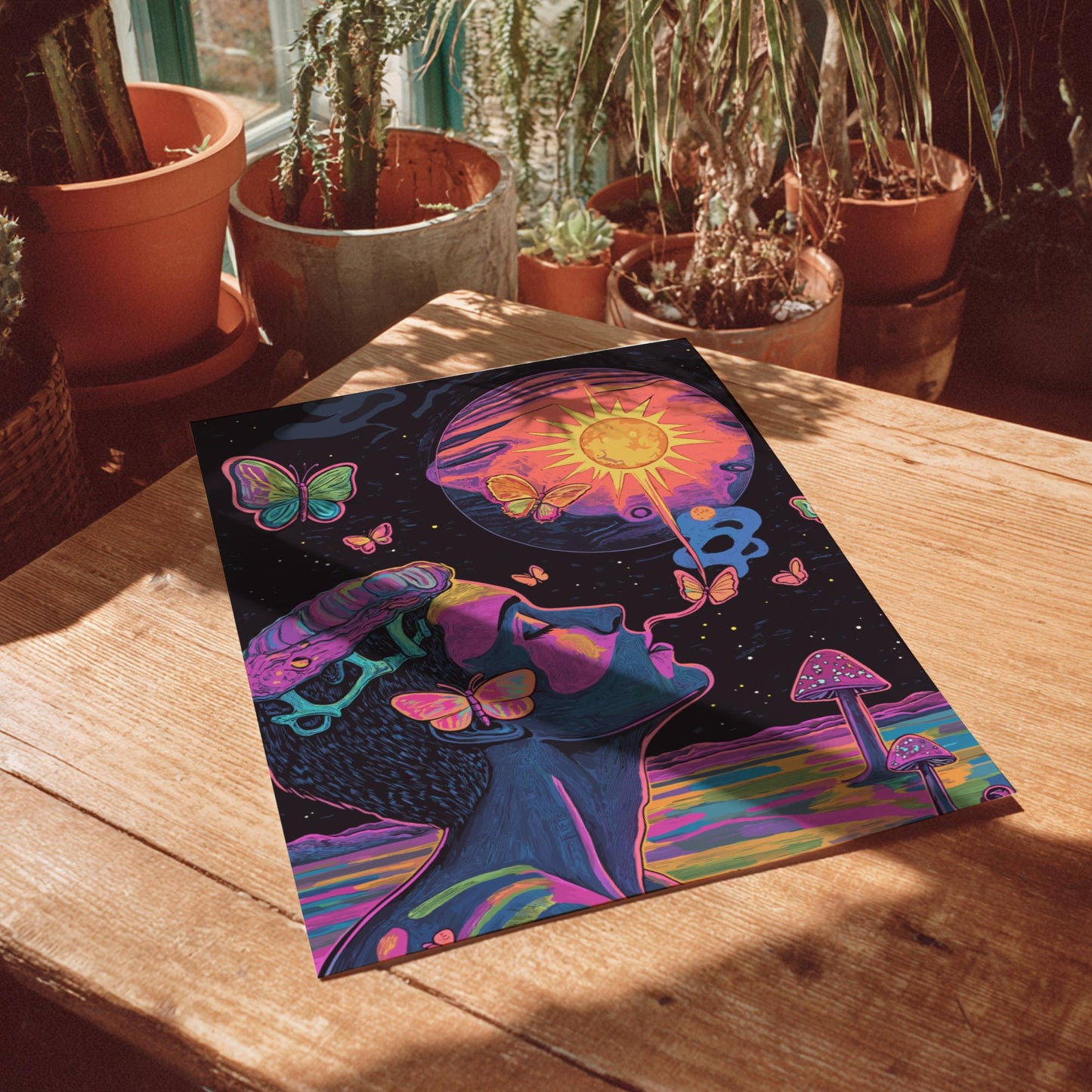 Smoke Signals Wall Art – Psychedelic Surreal Poster with Butterfly Smoke, Alien Planet Sunrise, and Glass Mushrooms Reflection