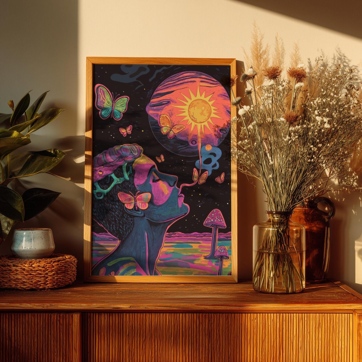Smoke Signals Wall Art – Psychedelic Surreal Poster with Butterfly Smoke, Alien Planet Sunrise, and Glass Mushrooms Reflection
