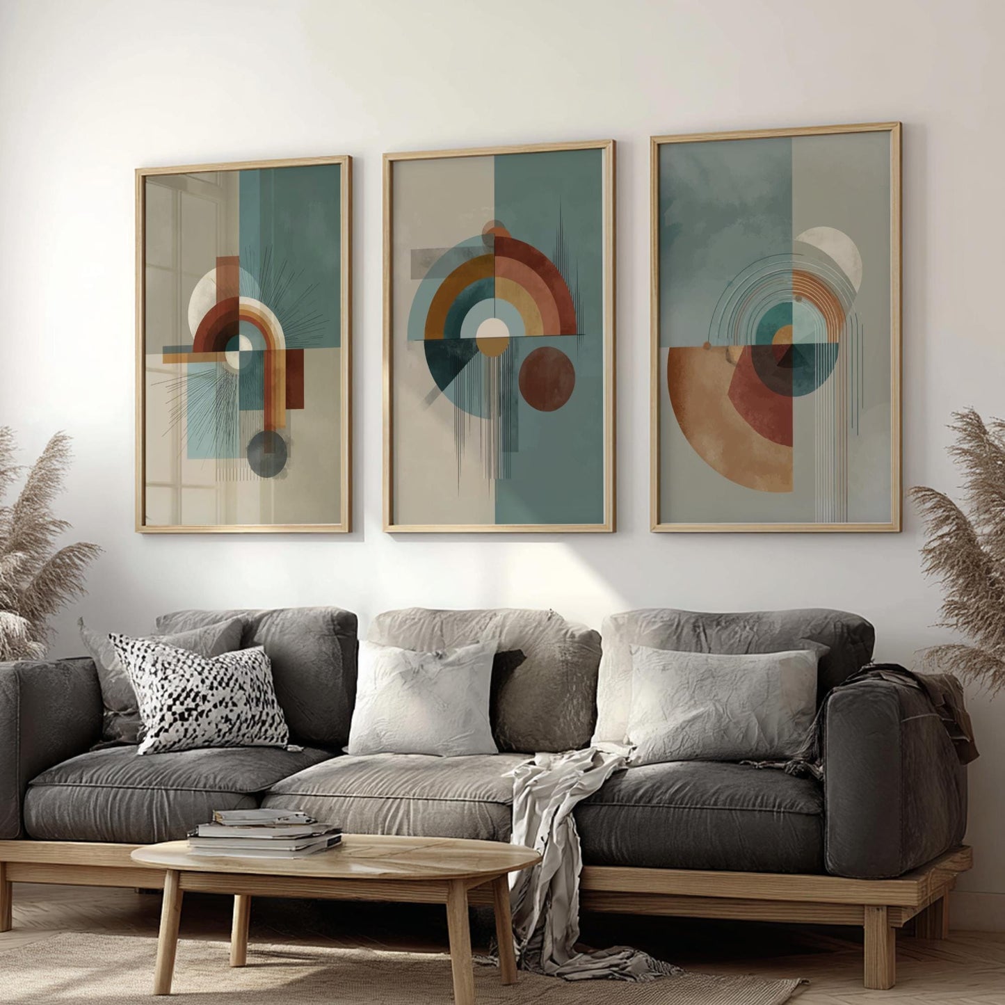 Modern Abstract Wall Art Set of 3 – Mid Century Geometric Prints in Earth Tones, Contemporary Boho Minimalist Poster Set