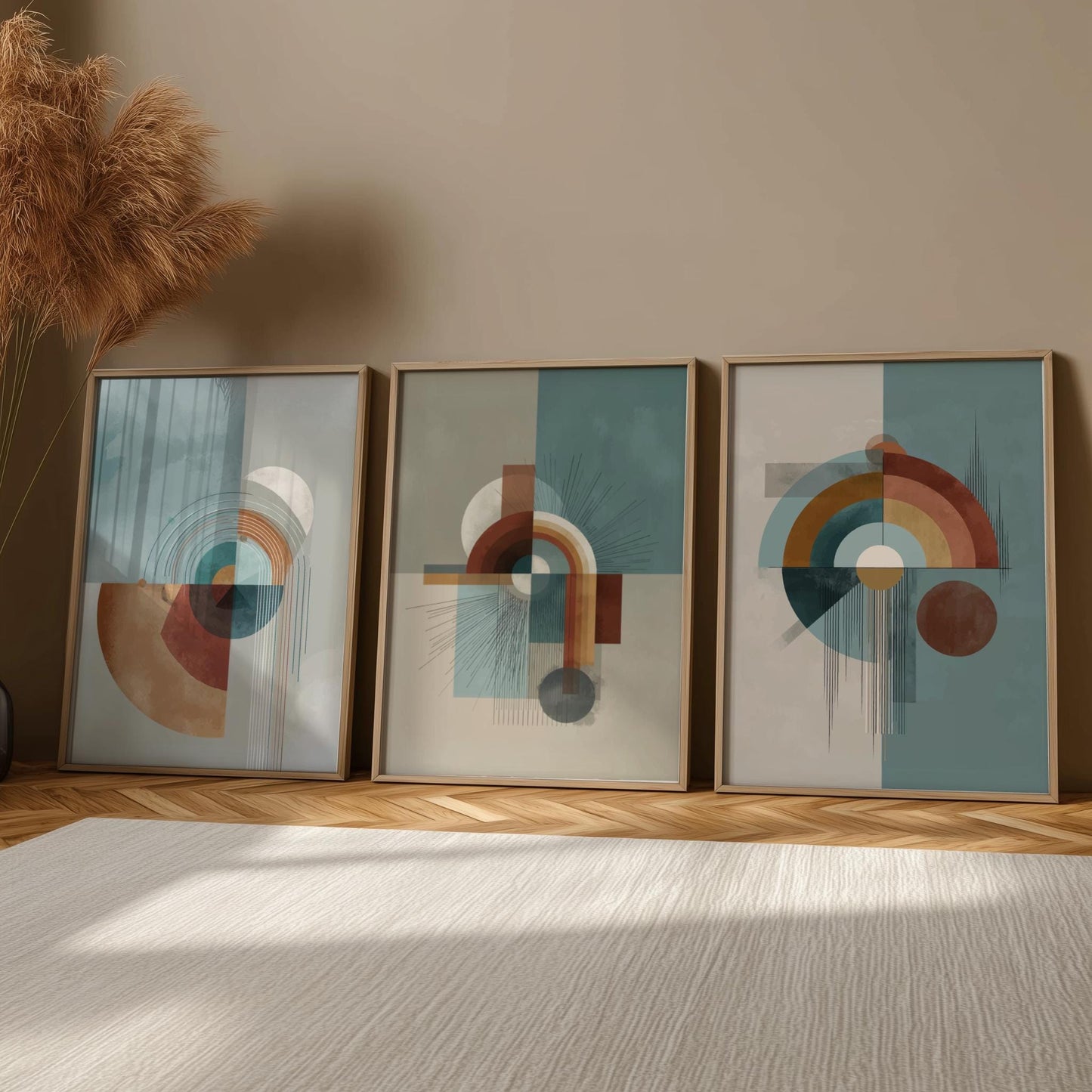 Modern Abstract Wall Art Set of 3 – Mid Century Geometric Prints in Earth Tones, Contemporary Boho Minimalist Poster Set