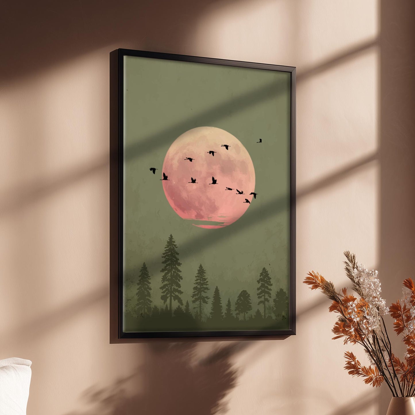 Green Moon Forest Print – Minimalist Nature Wall Art, Bird Silhouette Poster, Mystical Landscape Home Decor