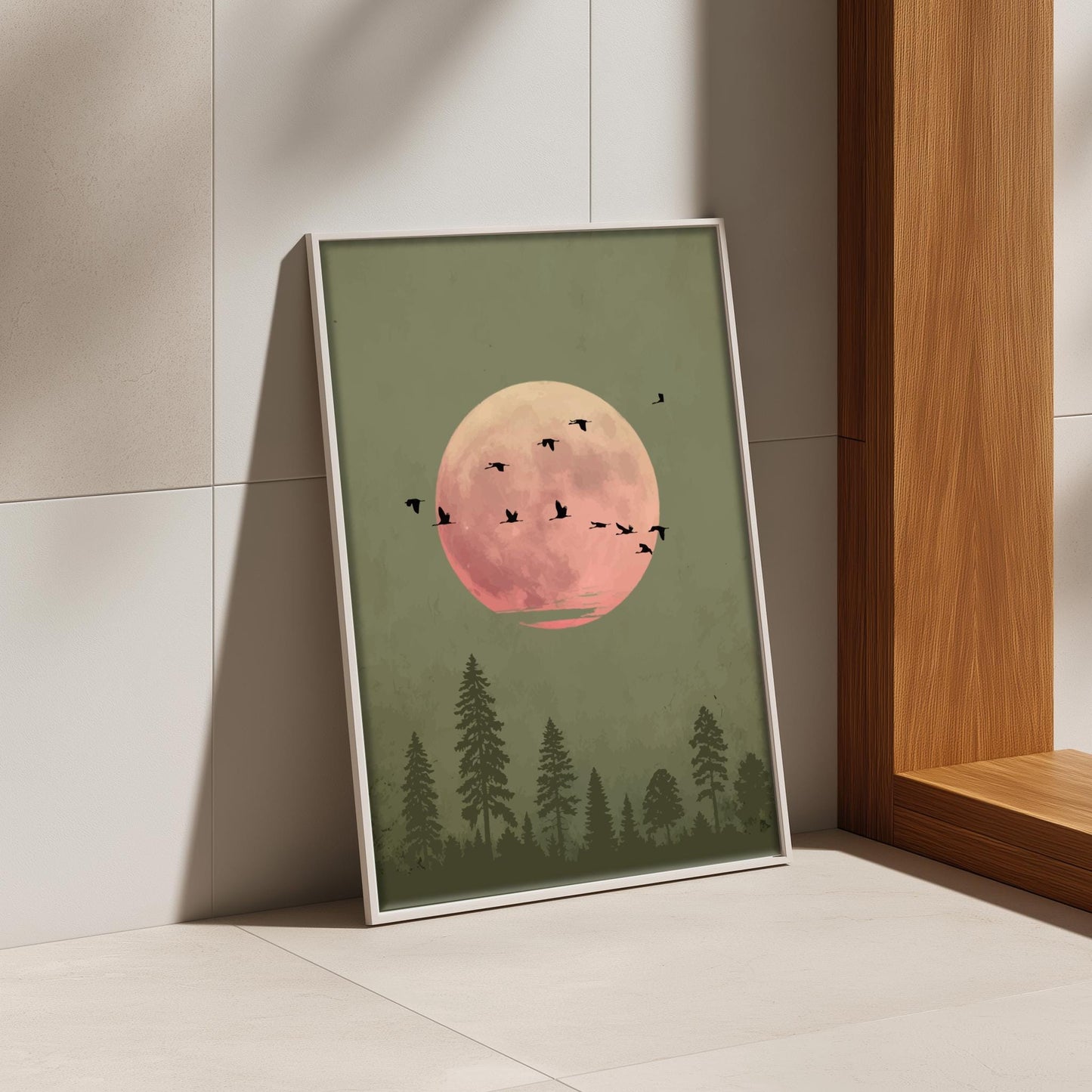Green Moon Forest Print – Minimalist Nature Wall Art, Bird Silhouette Poster, Mystical Landscape Home Decor