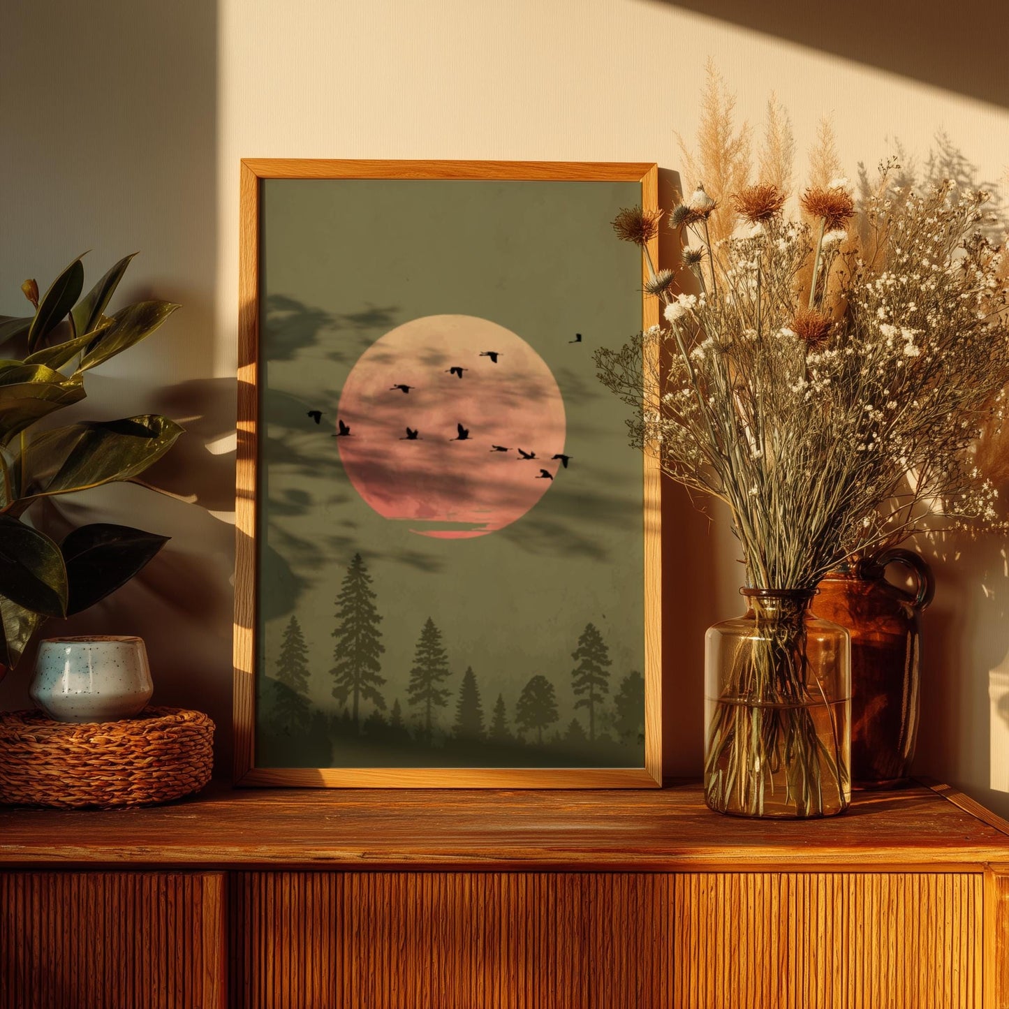 Green Moon Forest Print – Minimalist Nature Wall Art, Bird Silhouette Poster, Mystical Landscape Home Decor