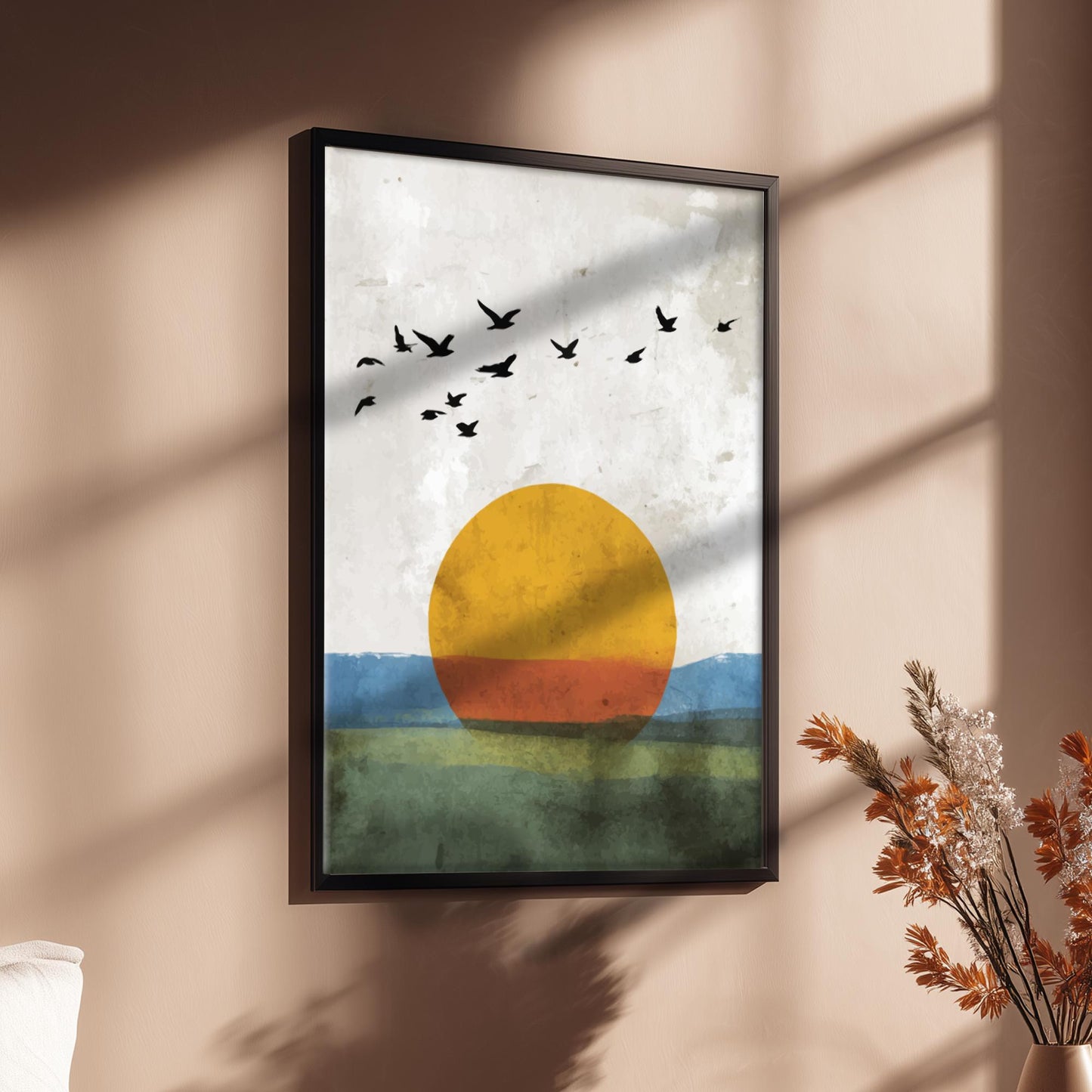 Abstract Seaside Sunrise Wall Art – Flock of Birds with Golden Sun Over Ocean, Nature-Inspired Modern Poster for Home Decor