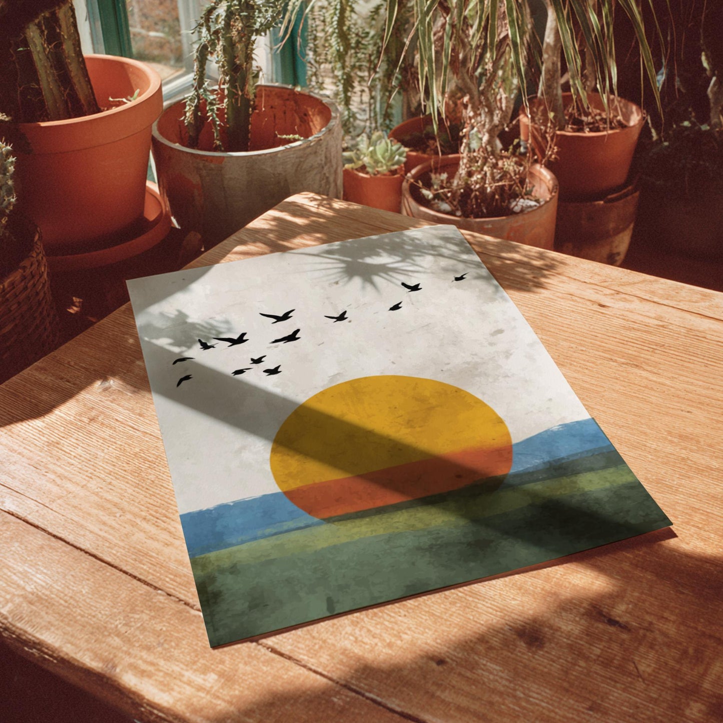 Abstract Seaside Sunrise Wall Art – Flock of Birds with Golden Sun Over Ocean, Nature-Inspired Modern Poster for Home Decor