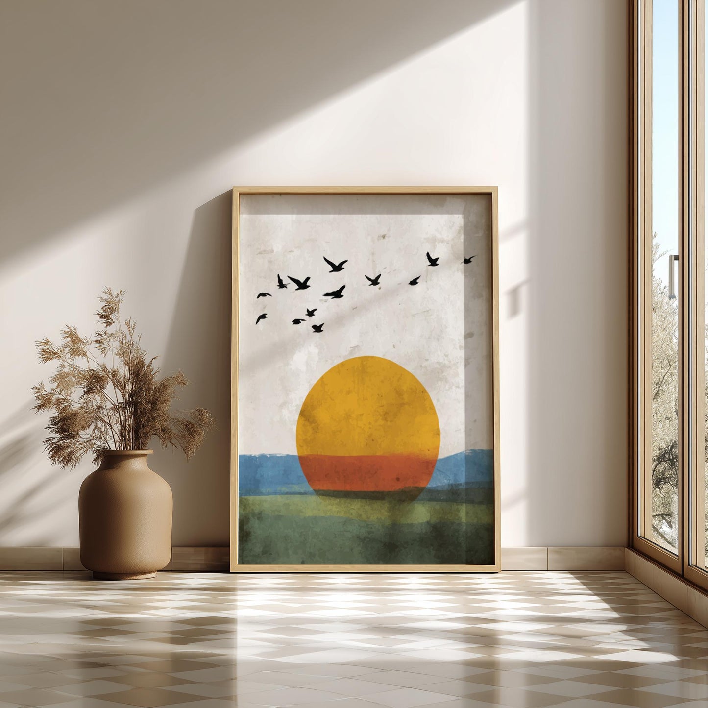Abstract Seaside Sunrise Wall Art – Flock of Birds with Golden Sun Over Ocean, Nature-Inspired Modern Poster for Home Decor