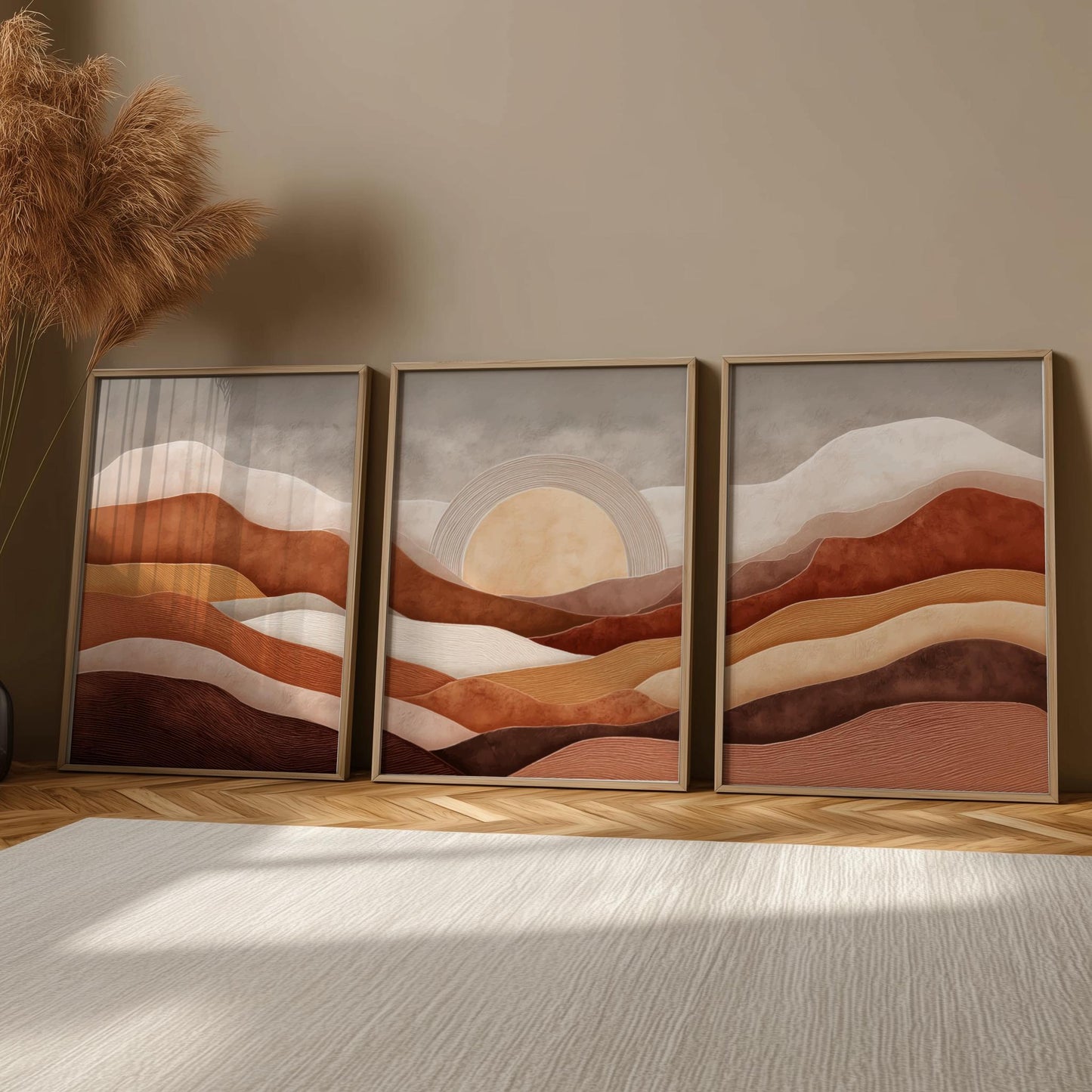 Set of 3 Sunset Mountain Prints – Earth Tone Wall Art, Brown Minimalist Landscape Poster Set for Modern Boho Home