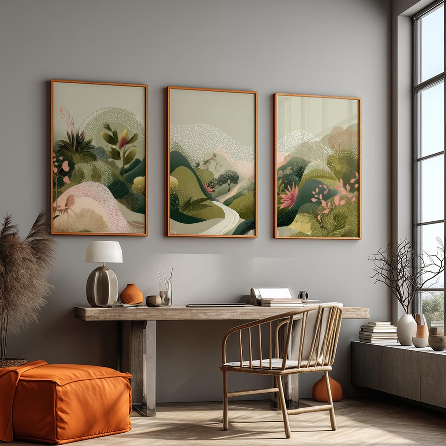 Scenic Mountain Road Wall Art – Nature Poster Set of 3, Serene Landscape Prints with Mountains and Road for Modern Home Decor