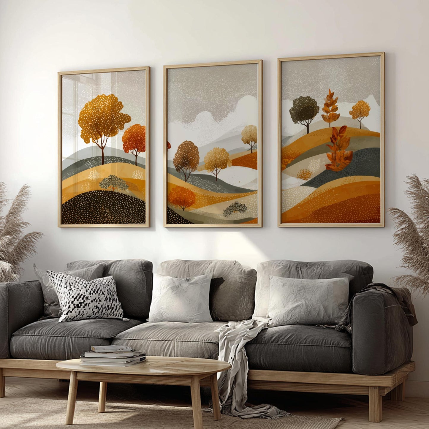 Earth-Toned Mountain Landscape Wall Art – Poster Set of 3 with Sun, Nature Prints in Brown and Green for Modern Rustic Decor
