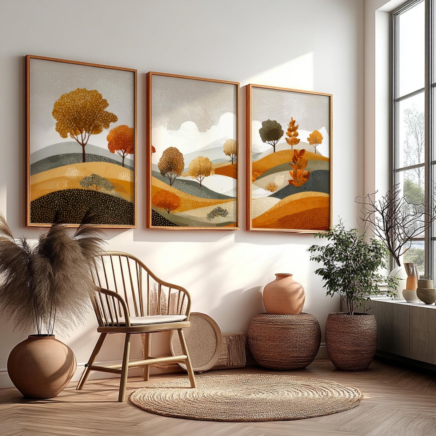 Earth-Toned Mountain Landscape Wall Art – Poster Set of 3 with Sun, Nature Prints in Brown and Green for Modern Rustic Decor
