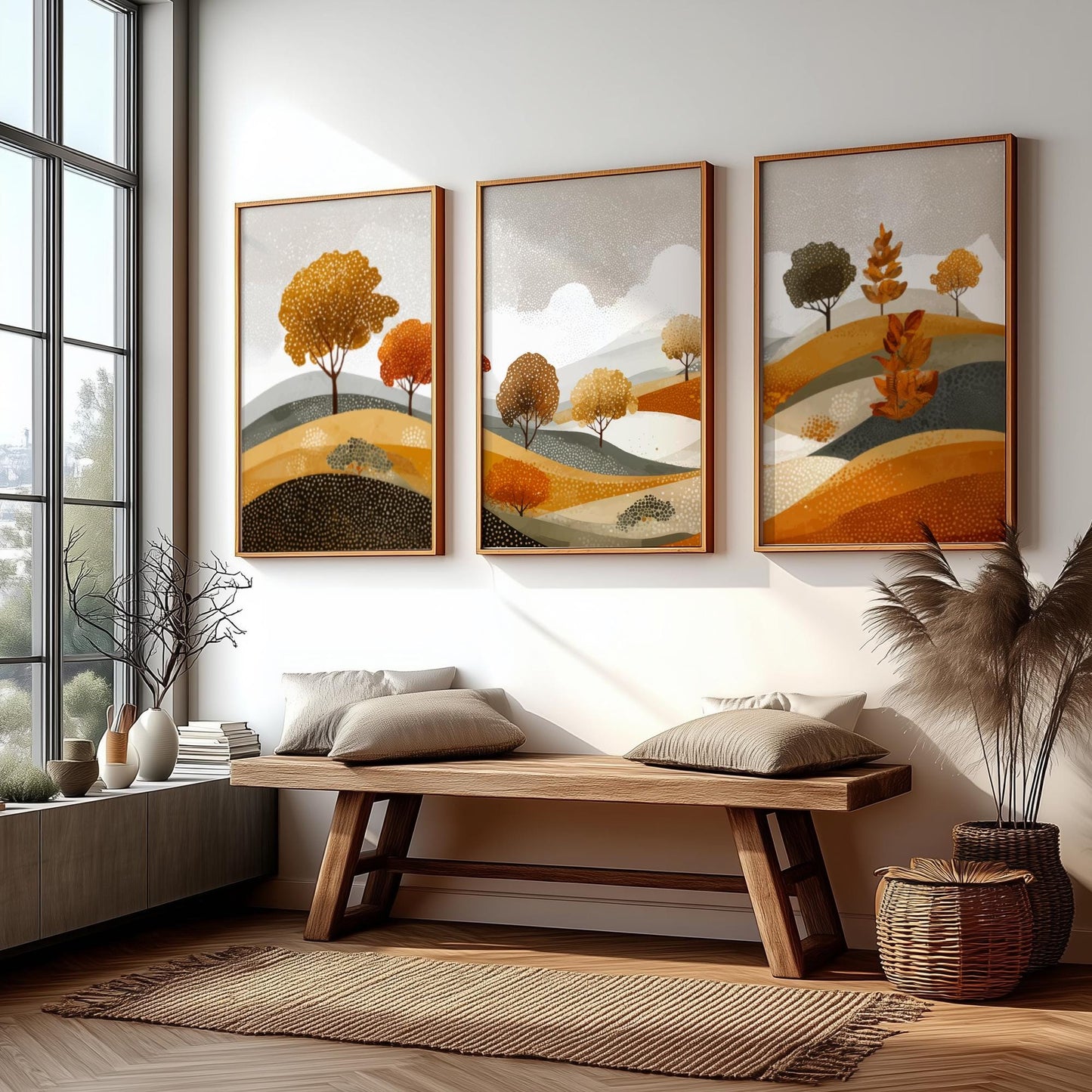 Earth-Toned Mountain Landscape Wall Art – Poster Set of 3 with Sun, Nature Prints in Brown and Green for Modern Rustic Decor