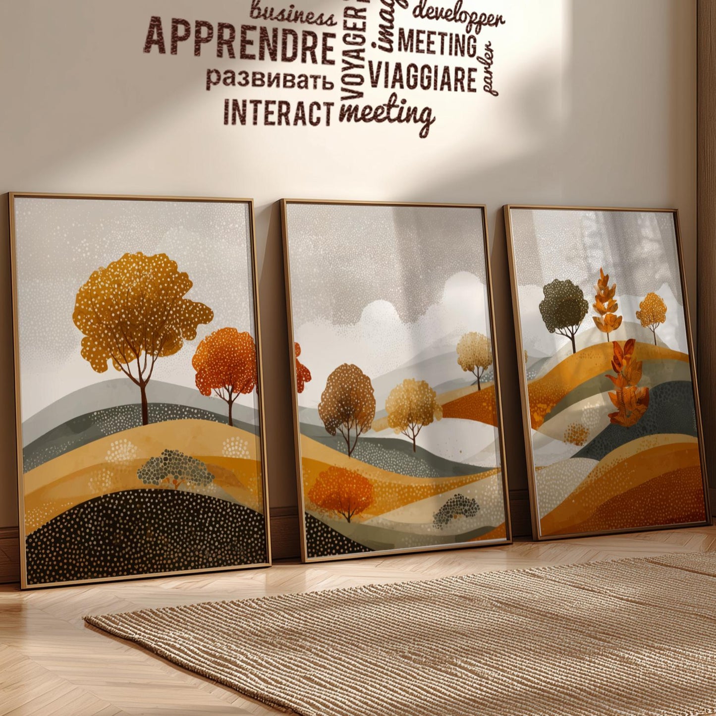Earth-Toned Mountain Landscape Wall Art – Poster Set of 3 with Sun, Nature Prints in Brown and Green for Modern Rustic Decor