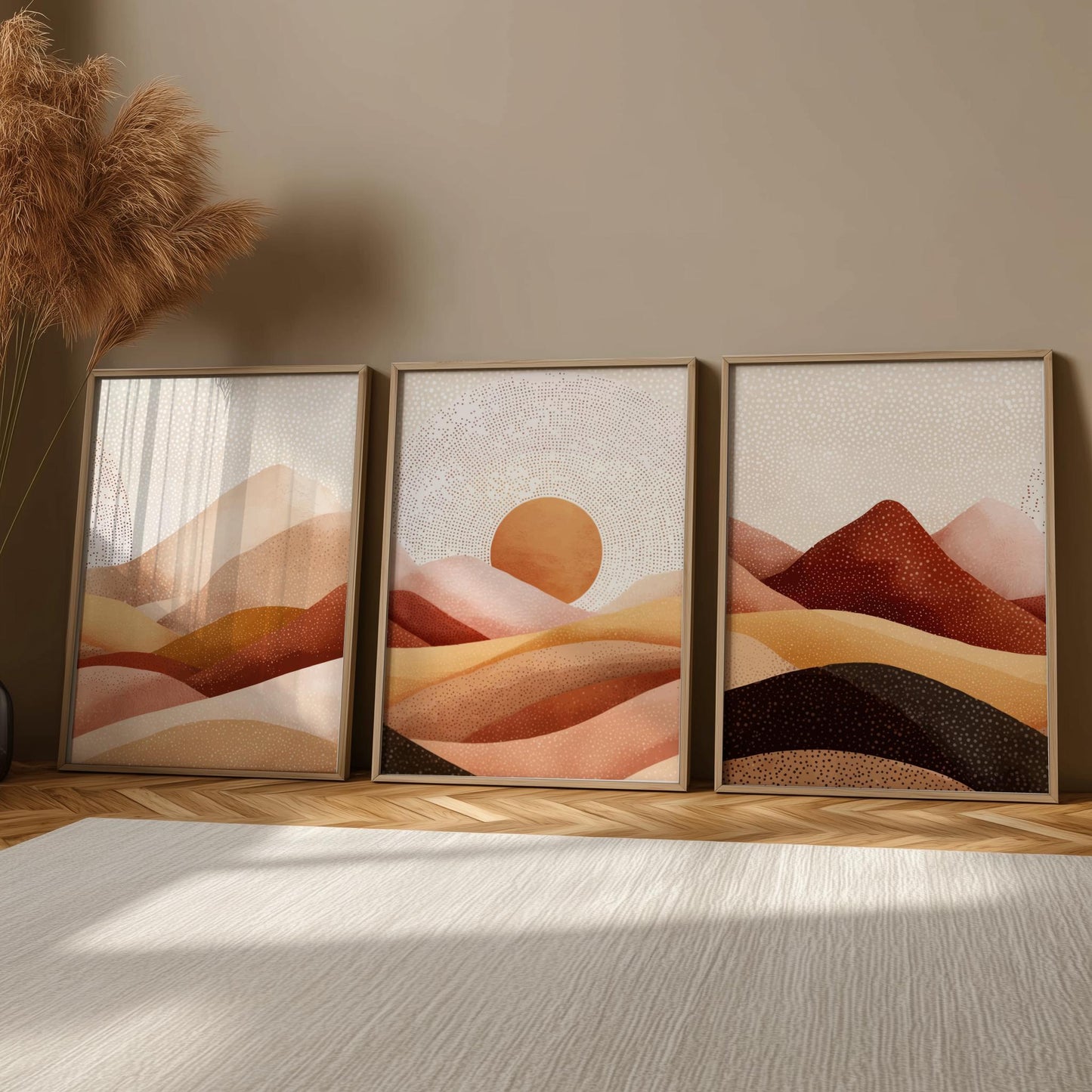 Mountain Wall Art Set – Green and Brown Landscape Posters with Setting Sun, Earthy Nature Prints for Calm Interior Spaces