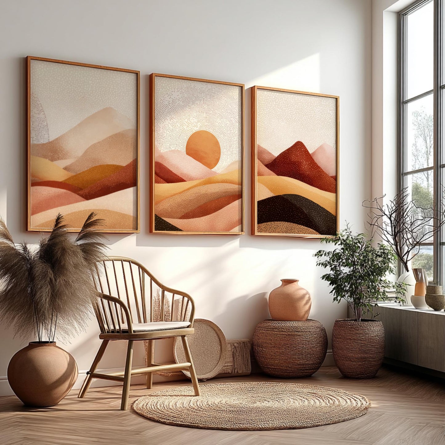 Mountain Wall Art Set – Green and Brown Landscape Posters with Setting Sun, Earthy Nature Prints for Calm Interior Spaces