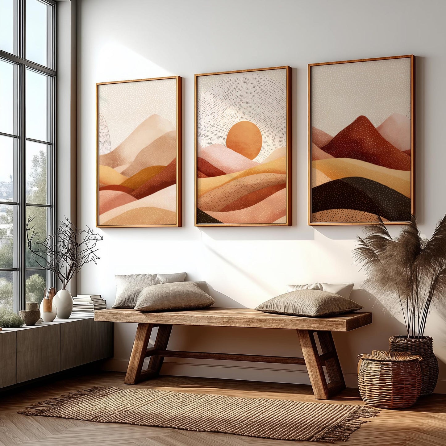 Mountain Wall Art Set – Green and Brown Landscape Posters with Setting Sun, Earthy Nature Prints for Calm Interior Spaces