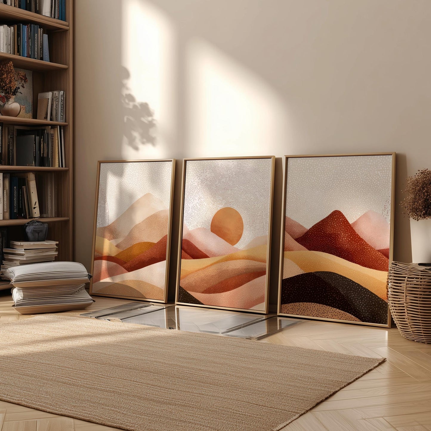 Mountain Wall Art Set – Green and Brown Landscape Posters with Setting Sun, Earthy Nature Prints for Calm Interior Spaces