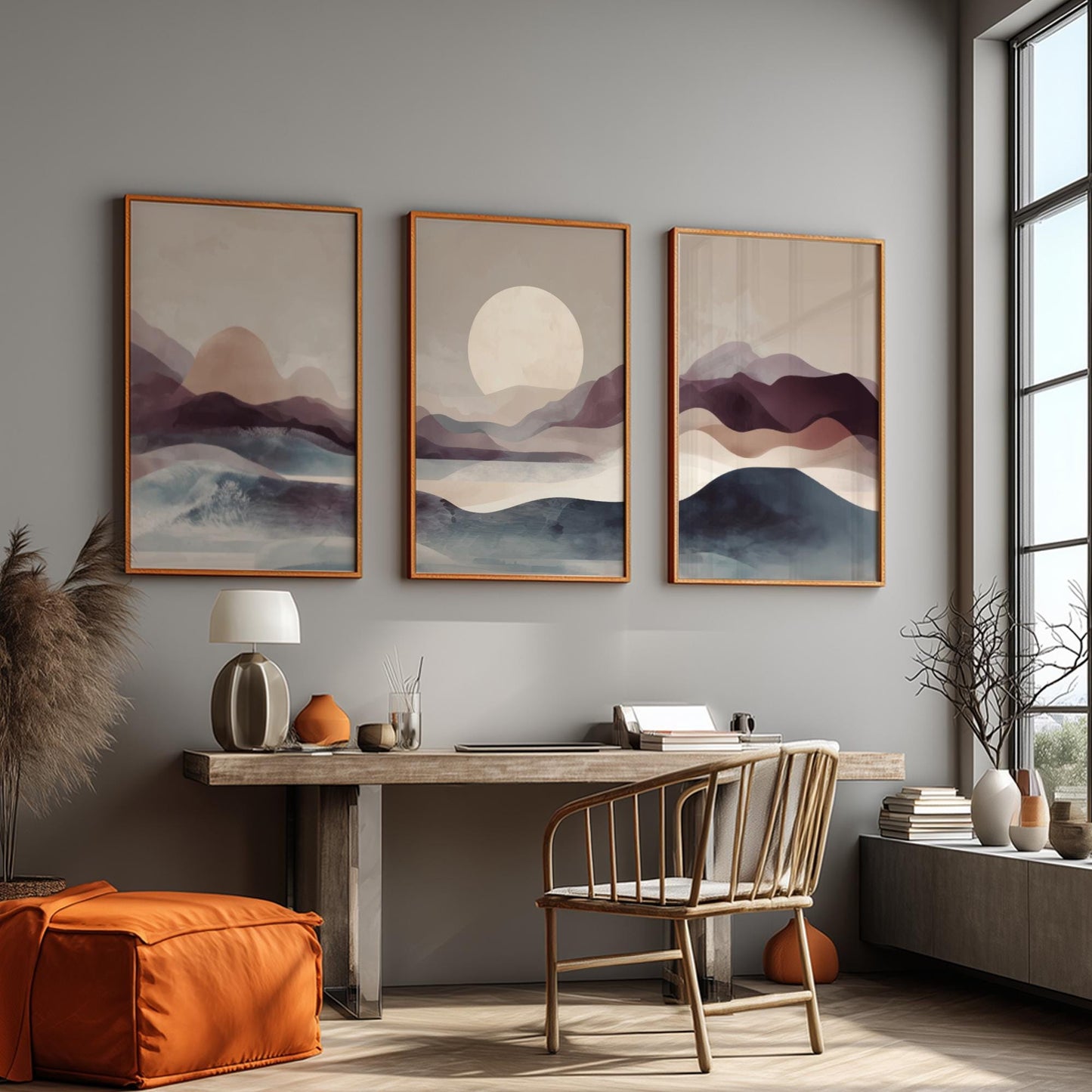 Mountain Sunset Wall Art – Brown and Blue Landscape Poster Set of 3, Tranquil Nature Prints for Modern or Rustic Decor
