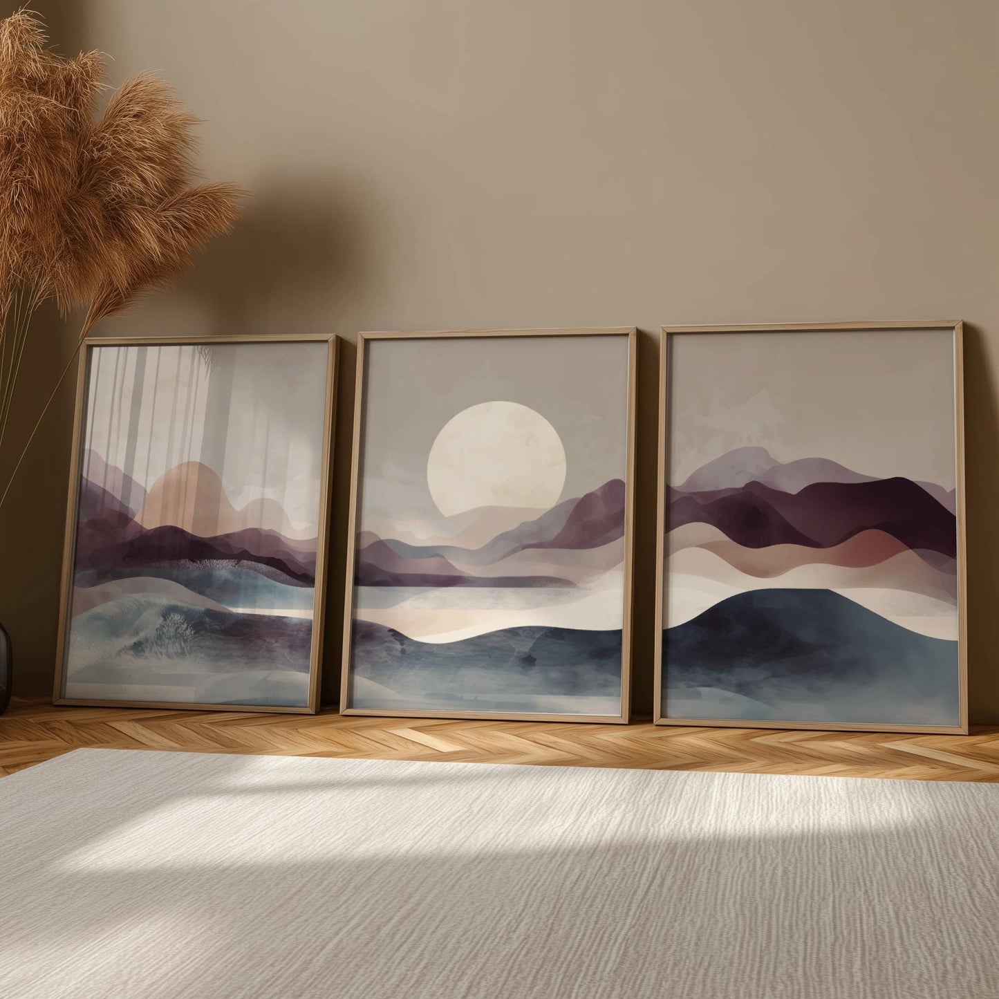 Mountain Sunset Wall Art – Brown and Blue Landscape Poster Set of 3, Tranquil Nature Prints for Modern or Rustic Decor