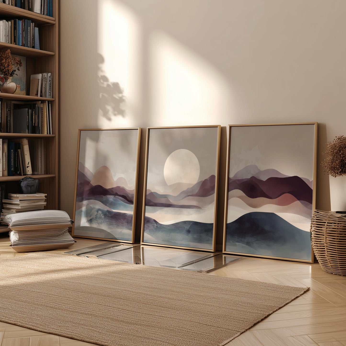 Mountain Sunset Wall Art – Brown and Blue Landscape Poster Set of 3, Tranquil Nature Prints for Modern or Rustic Decor
