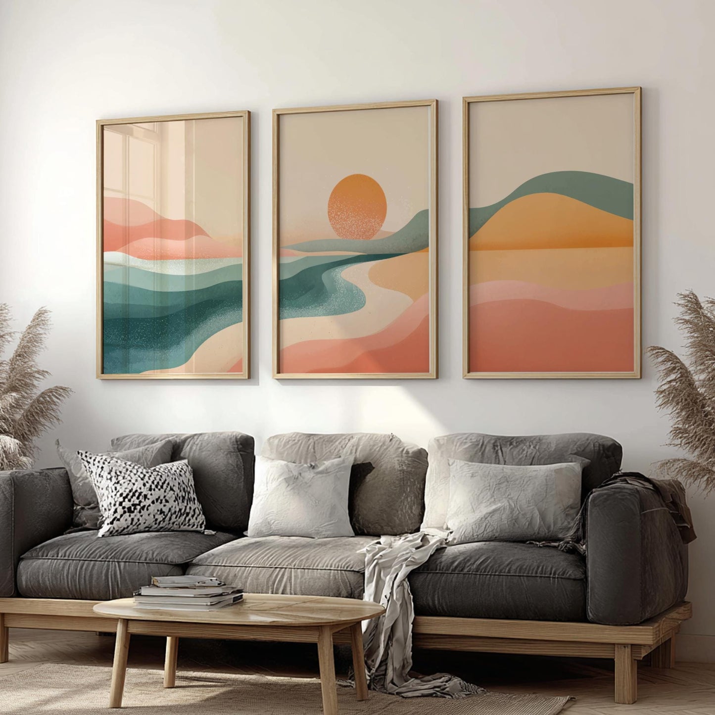 Blue and Pink Mountain Sunset Wall Art – Landscape Poster Set of 3, Serene Nature Prints for Bedroom or Living Room Decor