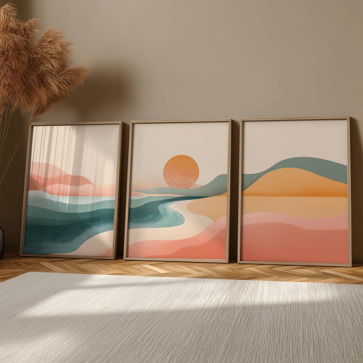 Blue and Pink Mountain Sunset Wall Art – Landscape Poster Set of 3, Serene Nature Prints for Bedroom or Living Room Decor