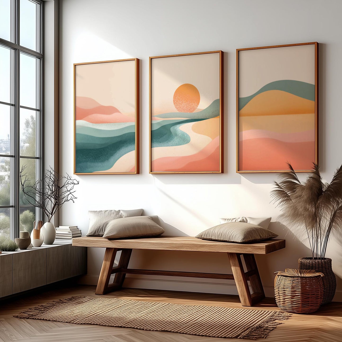 Blue and Pink Mountain Sunset Wall Art – Landscape Poster Set of 3, Serene Nature Prints for Bedroom or Living Room Decor