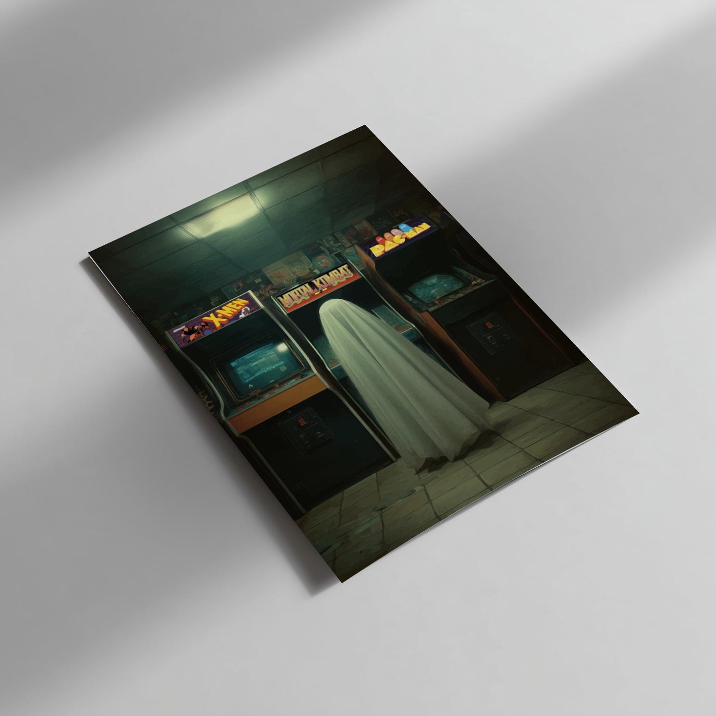 Arcade Ghost Poster – Retro Vaporwave Wall Art, 80s Neon Arcade Print, Surreal Liminal Space Aesthetic Decor
